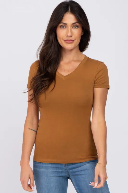 Camel V-Neck Short Sleeve Top sold by Pinkblush