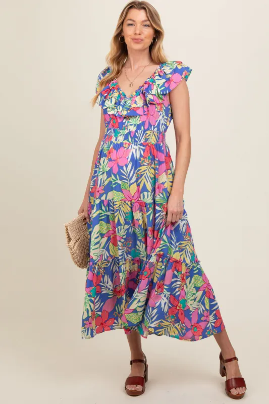 Periwinkle Ruffle V-Neck Tiered Maternity Maxi Dress sold by Pinkblush