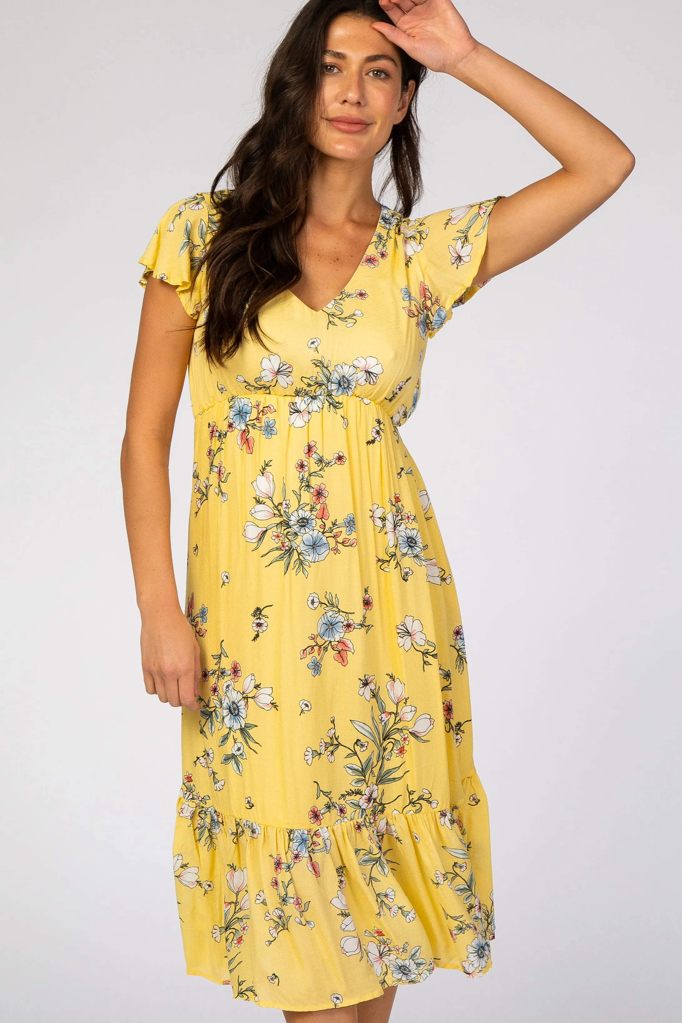 Yellow Floral Flounce Sleeve Midi Dress sold by Pinkblush product image thumbnail 2