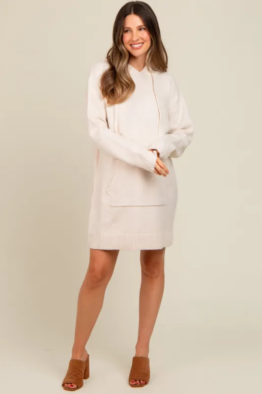 Cream Hooded Front Pocket Maternity Sweater Dress sold by Pinkblush