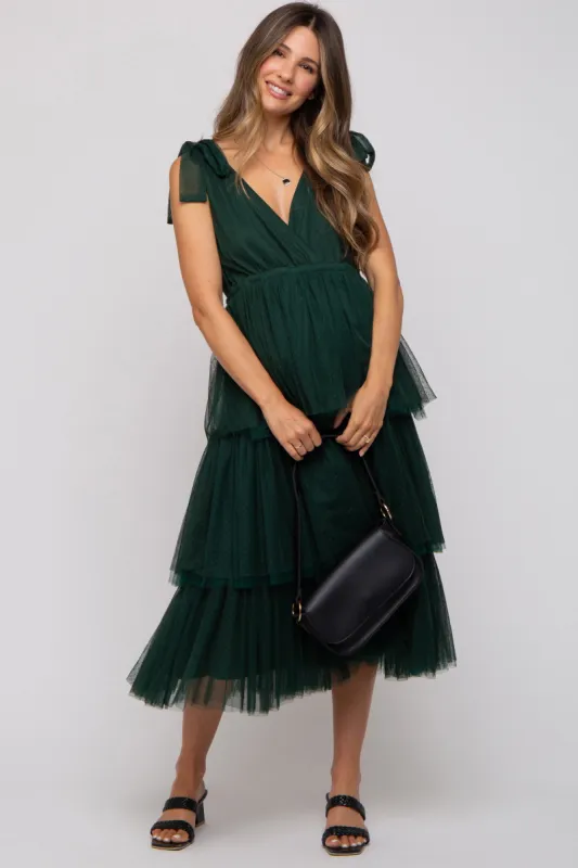 Forest Green Sleeveless Tiered Tie Strap Tulle Maternity Midi Dress sold by Pinkblush