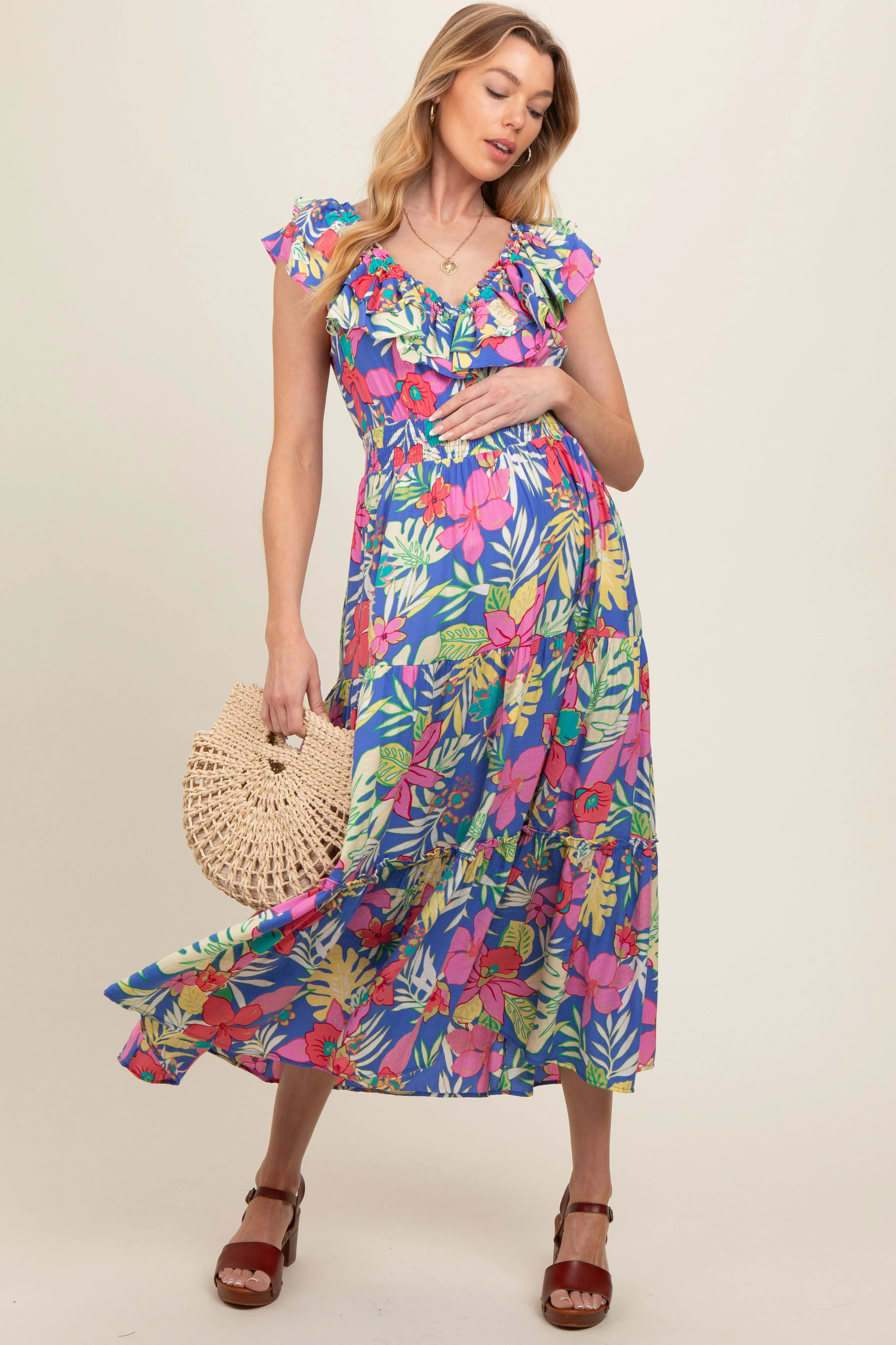 Periwinkle Ruffle V-Neck Tiered Maternity Maxi Dress sold by Pinkblush product image thumbnail 2
