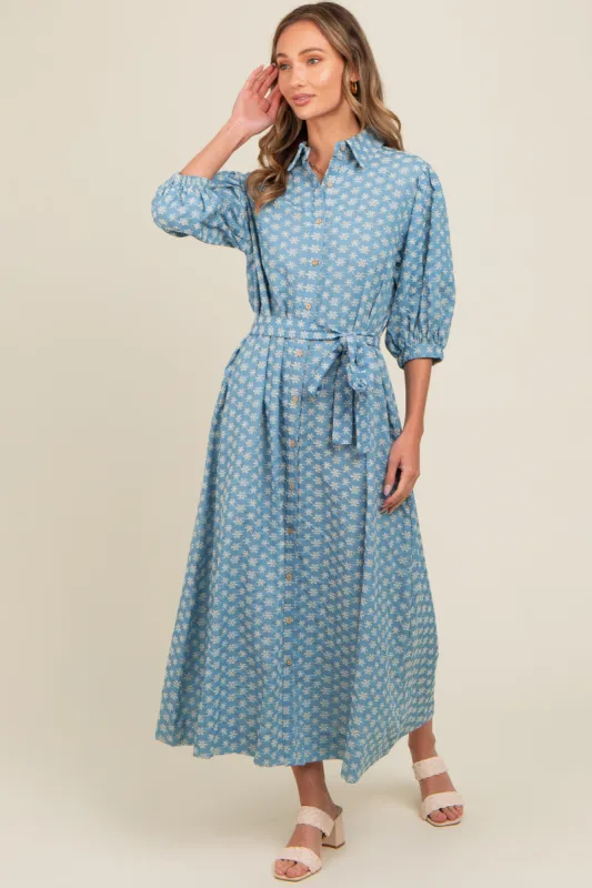 Blue Floral Embroidered Button Down Chambray Maxi Dress sold by Pinkblush