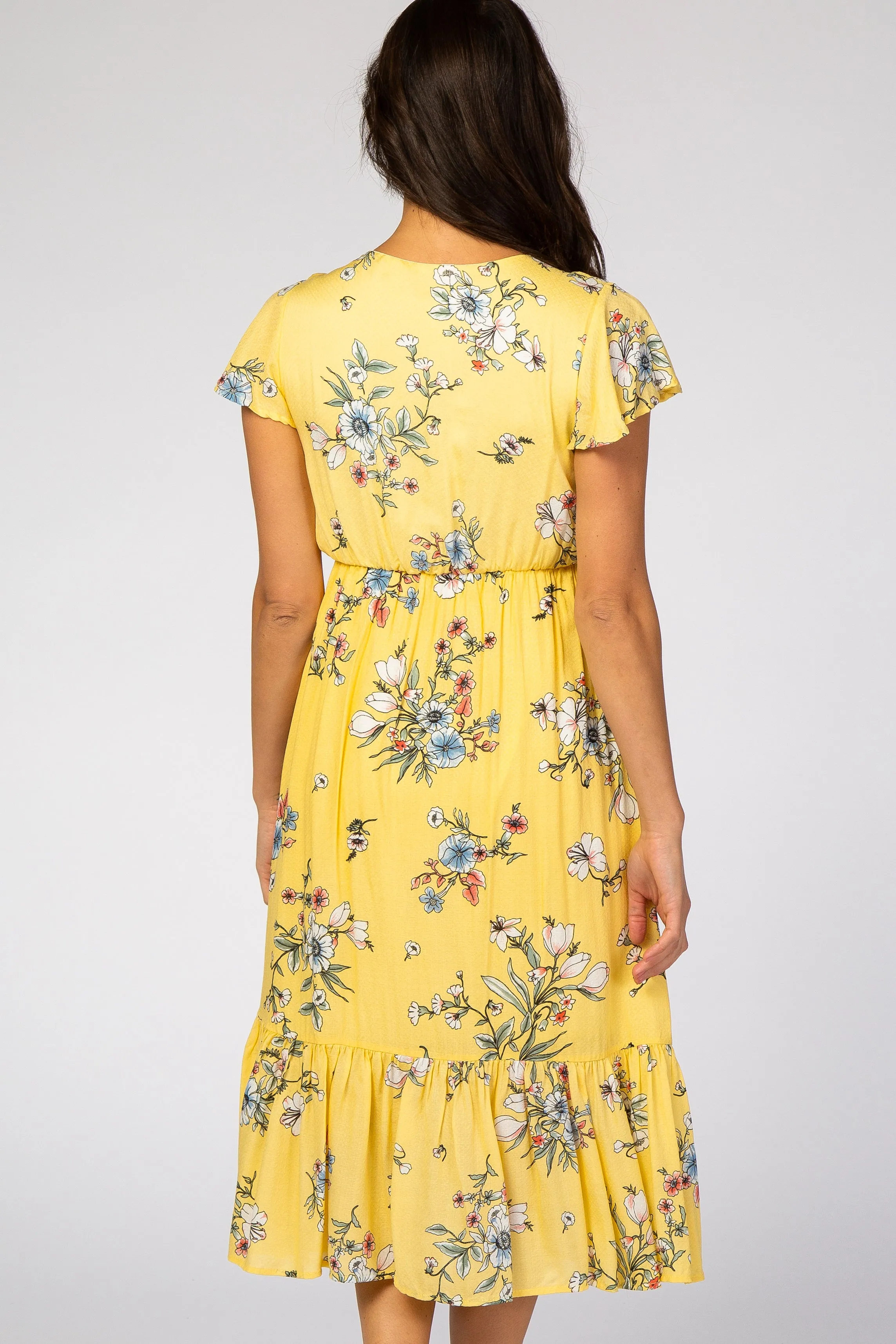 Yellow Floral Flounce Sleeve Midi Dress sold by Pinkblush product image thumbnail 4