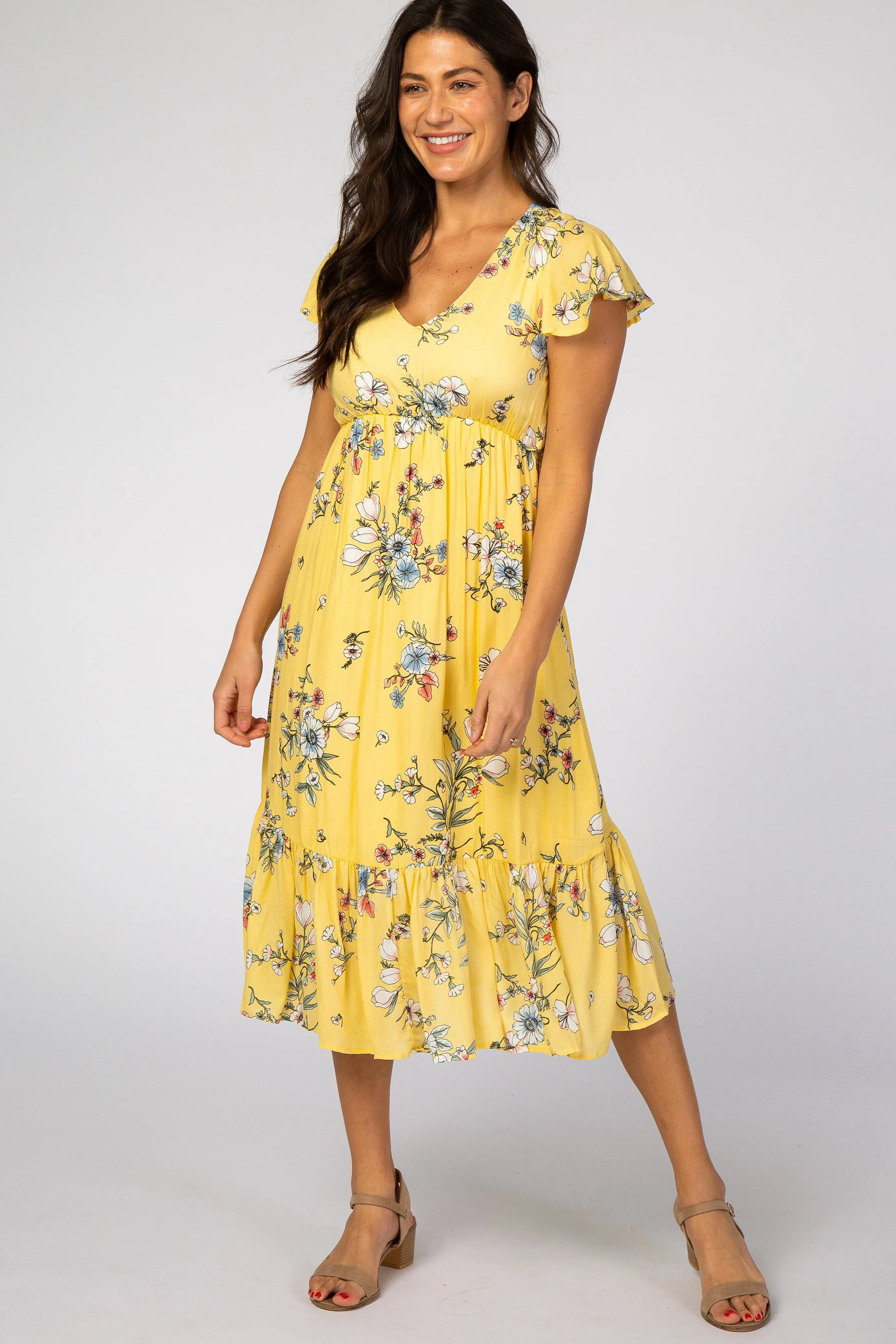 Yellow Floral Flounce Sleeve Midi Dress sold by Pinkblush