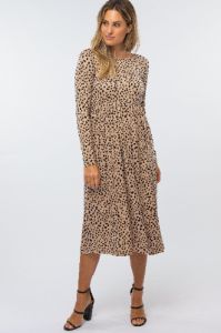 Taupe Abstract Animal Print Midi Dress sold by Pinkblush