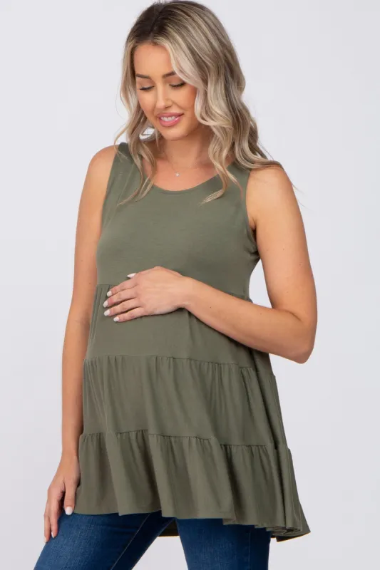 Olive Tiered Sleeveless Maternity Top sold by Pinkblush