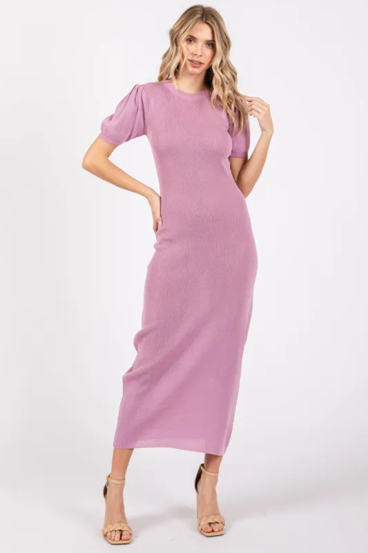 Lavender Puff Sleeve Knit Midi Dress sold by Pinkblush