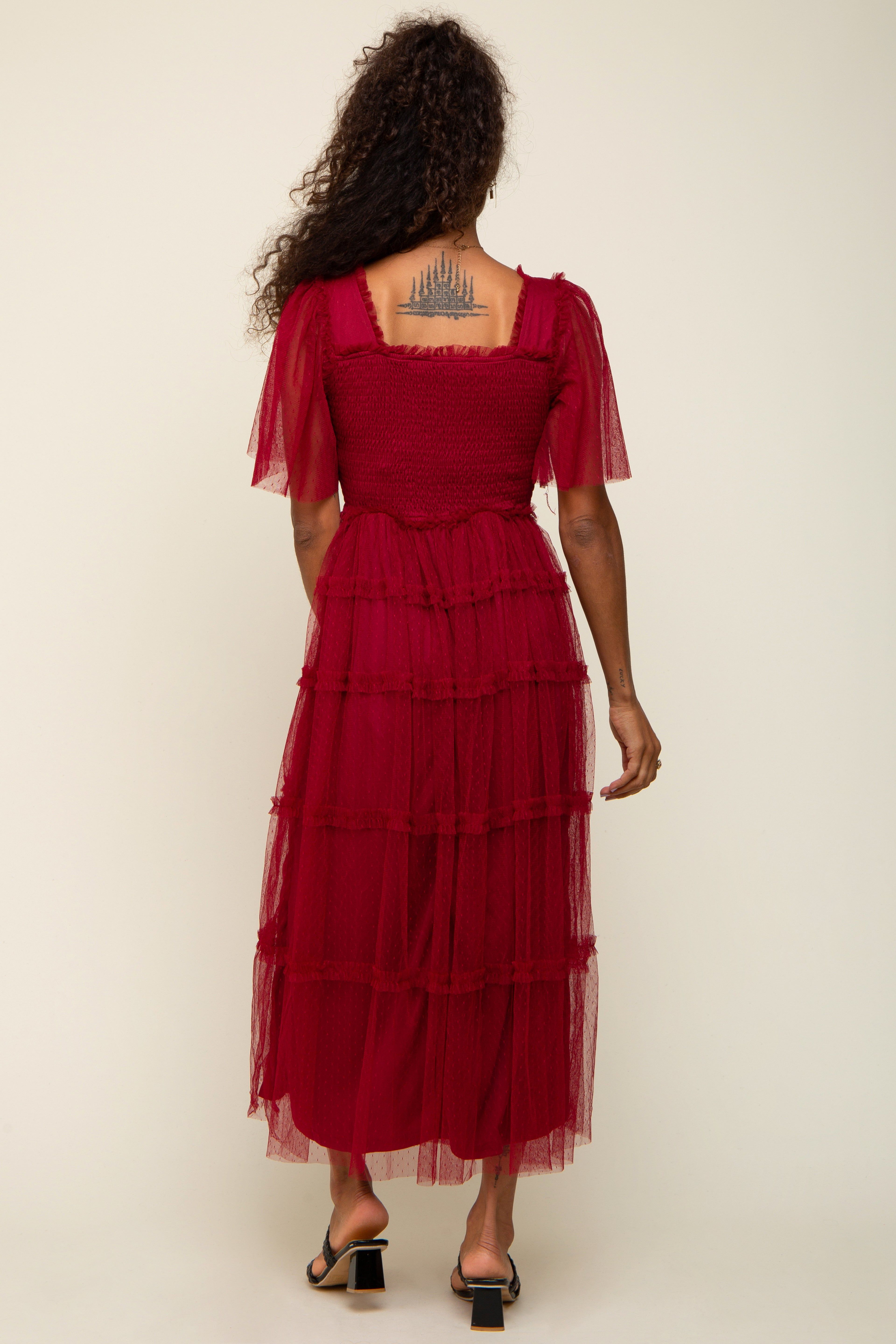 Burgundy Ruffled Mesh Maxi Dress sold by Pinkblush product image thumbnail 3