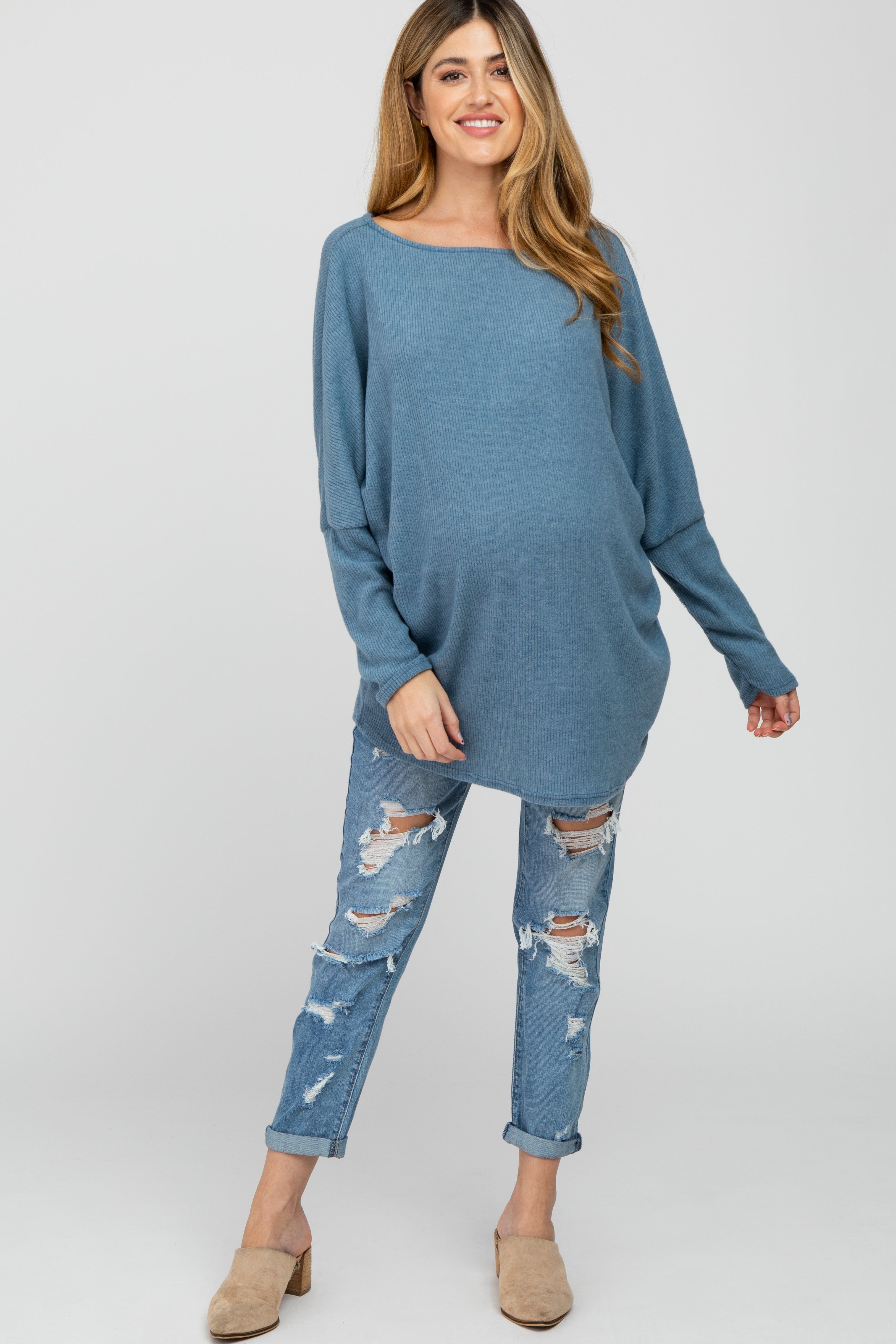 Teal Brushed Ribbed Dolman Sleeve Maternity Top sold by Pinkblush product image thumbnail 2