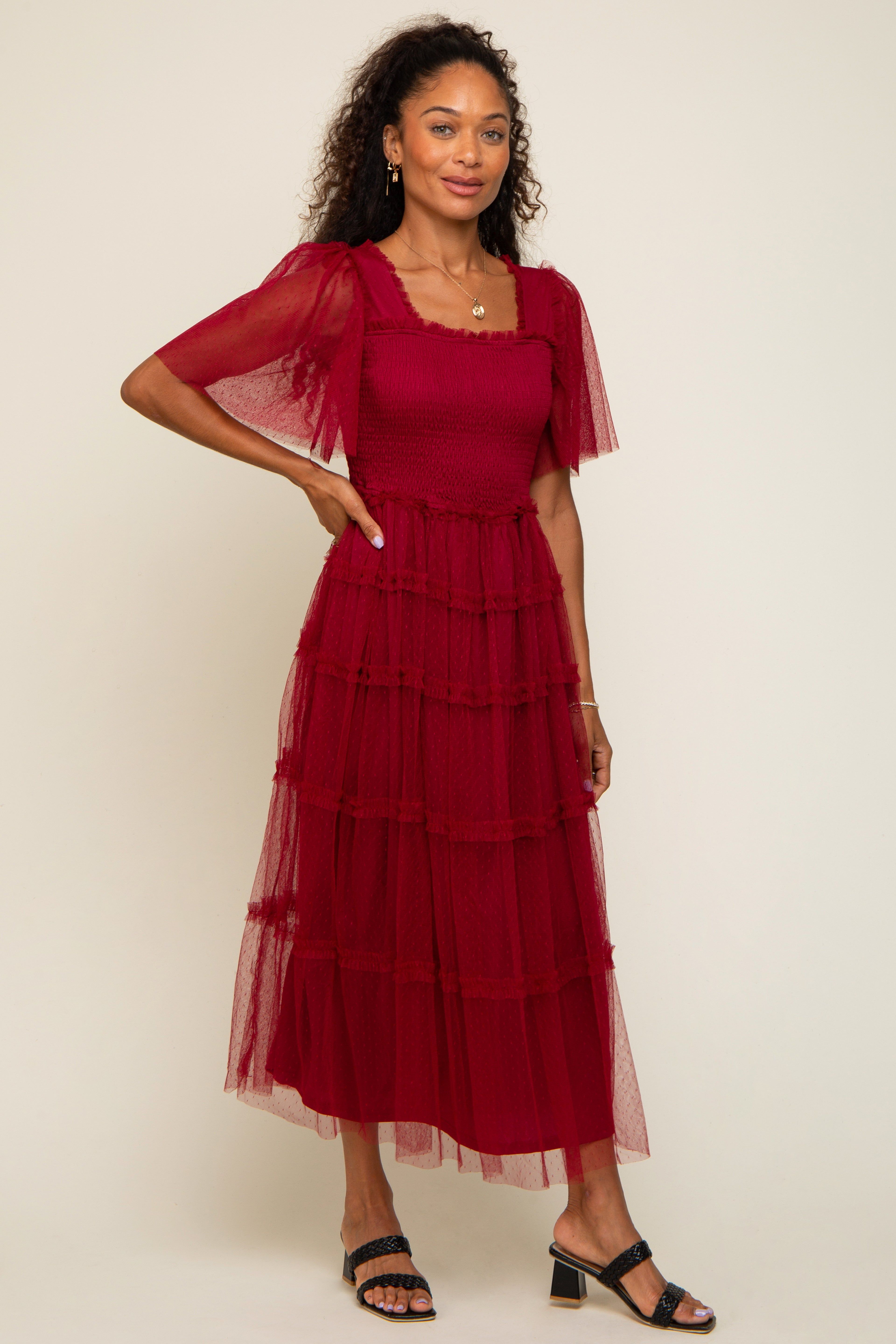 Burgundy Ruffled Mesh Maxi Dress sold by Pinkblush product image thumbnail 4