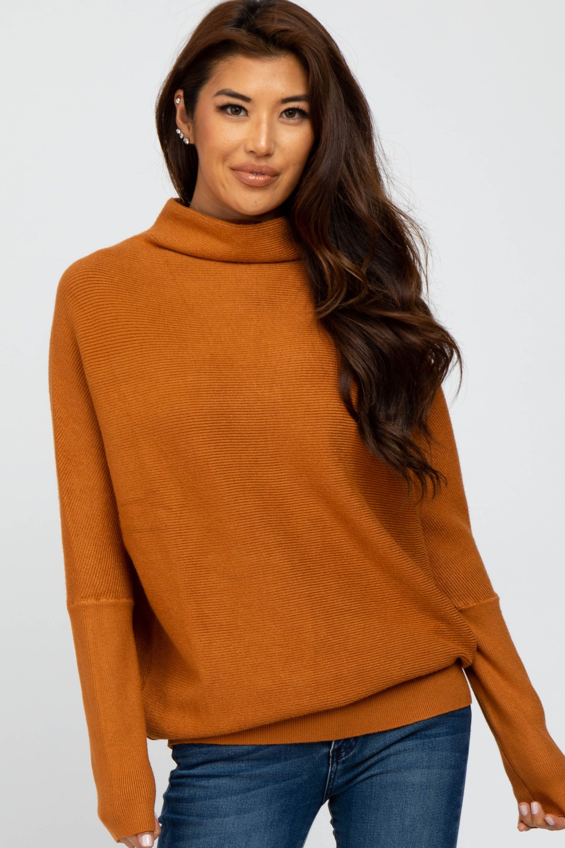 Camel Funnel Neck Dolman Sleeve Sweater sold by Pinkblush