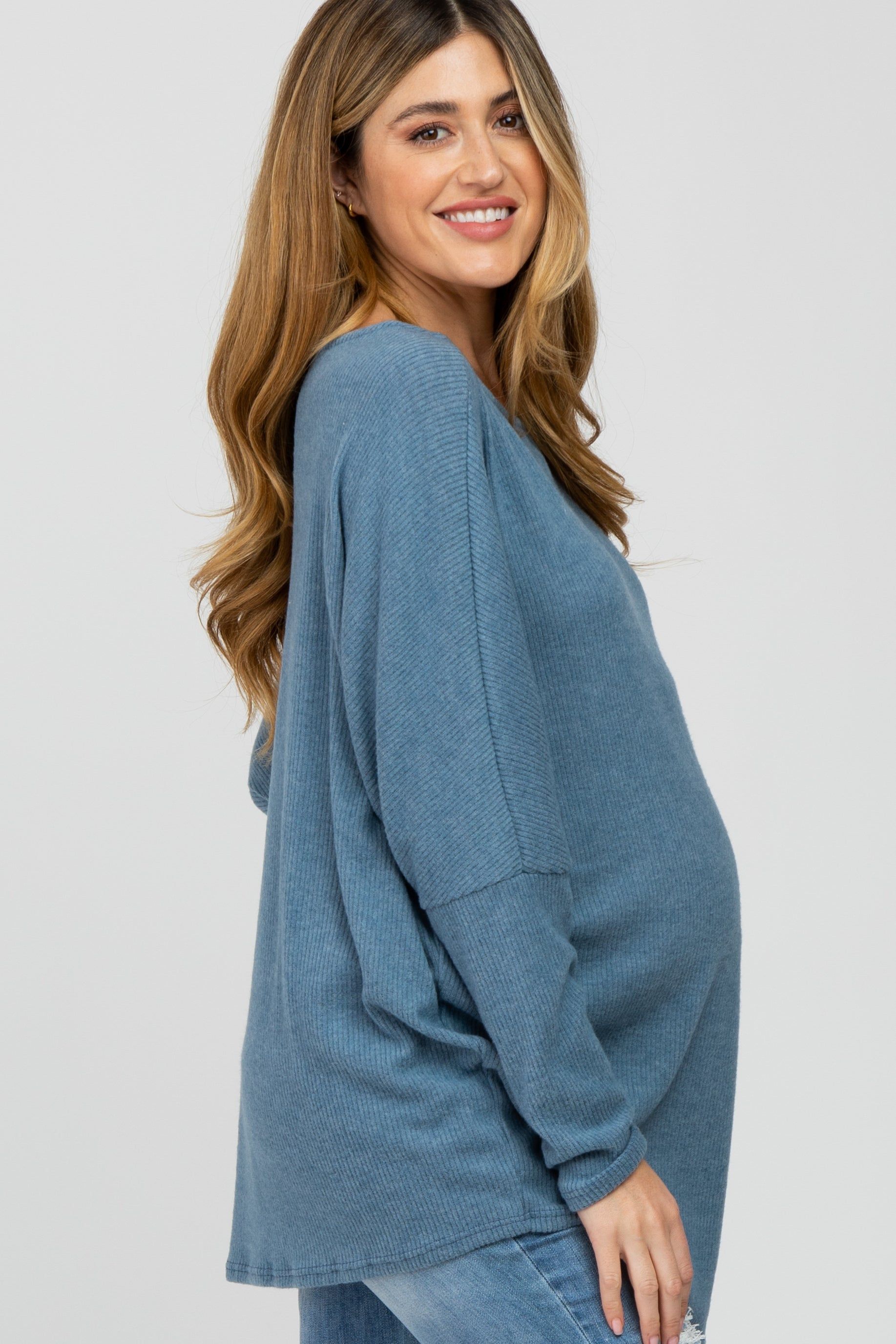 Teal Brushed Ribbed Dolman Sleeve Maternity Top sold by Pinkblush product image thumbnail 3