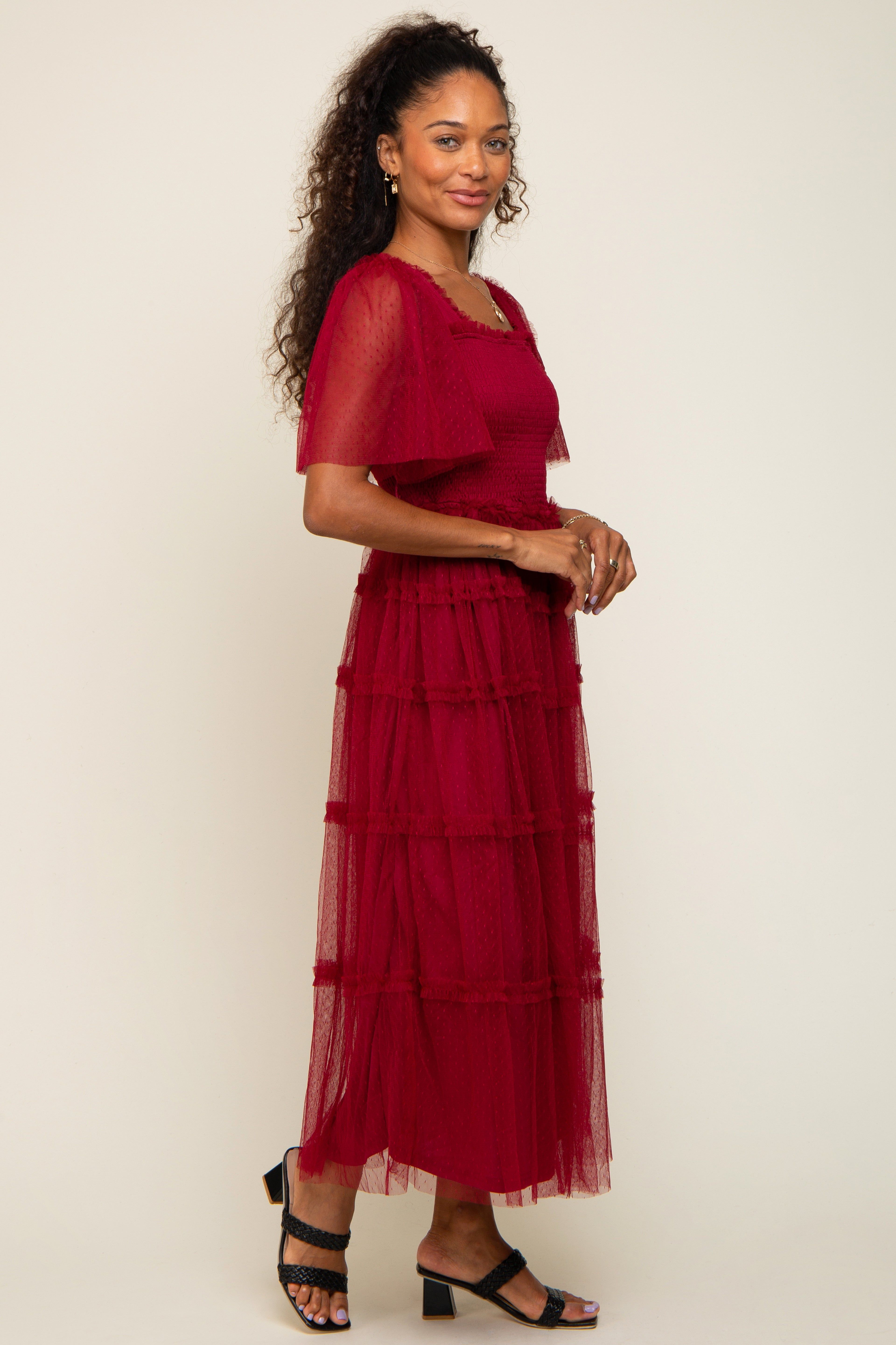 Burgundy Ruffled Mesh Maxi Dress sold by Pinkblush product image thumbnail 2