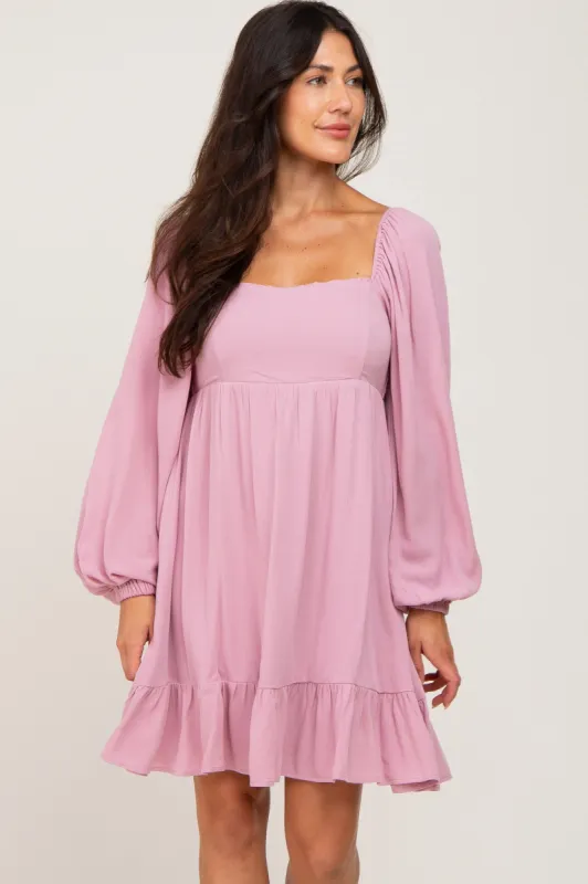 Mauve Square Neck Puff Long Sleeve Dress sold by Pinkblush