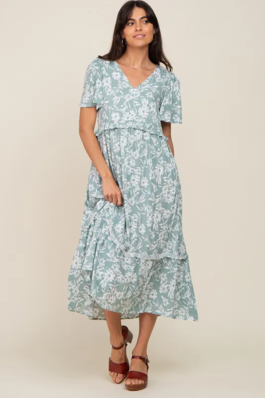 Mint Green Floral V-Neck Midi Dress sold by Pinkblush
