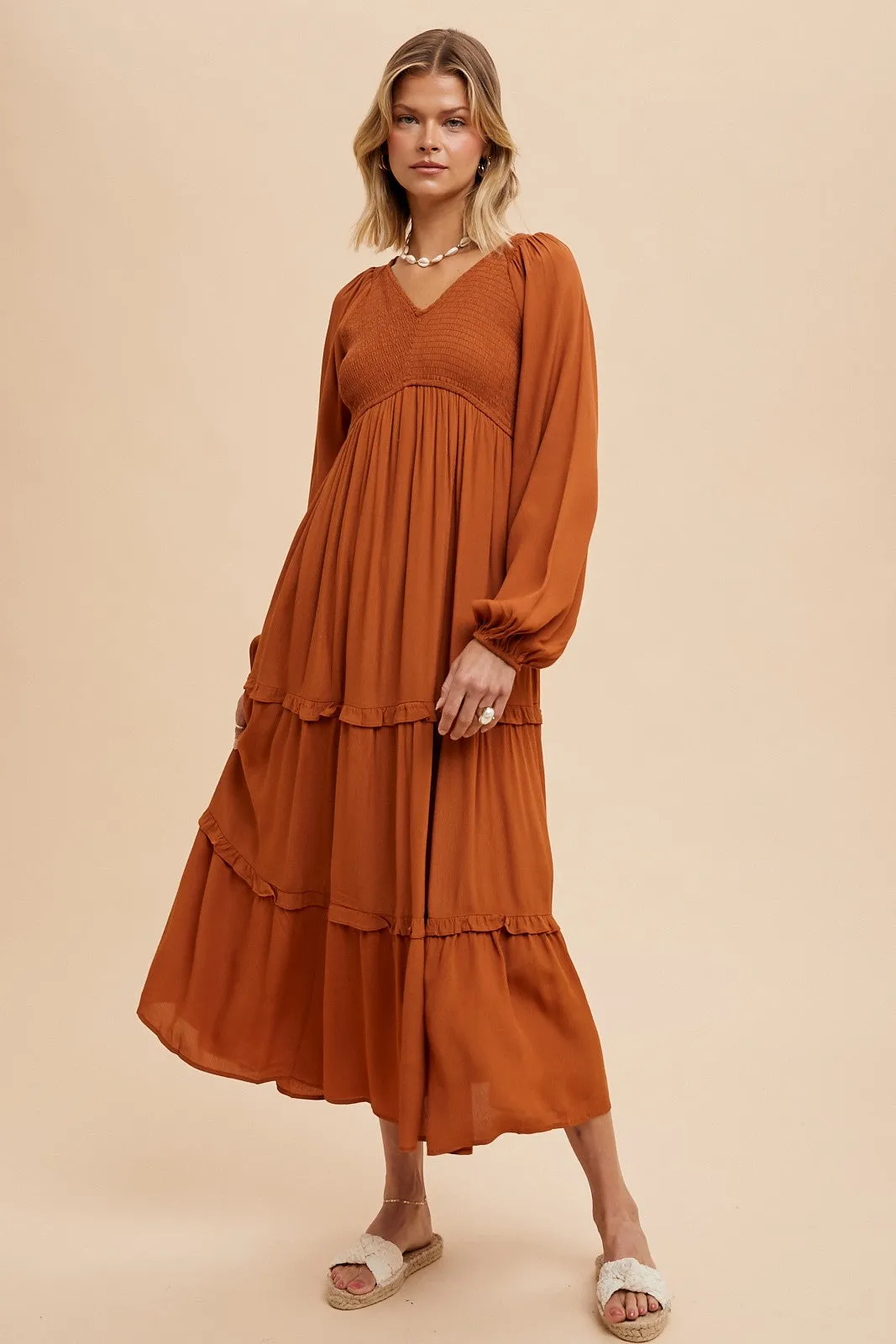 Camel Smocked Tiered Midi Dress sold by Pinkblush