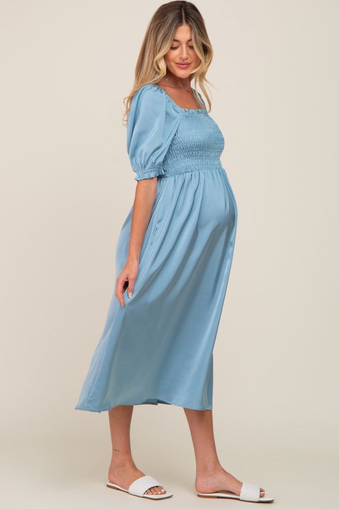 Blue Satin Puff Sleeve Maternity Midi Dress sold by Pinkblush product image thumbnail 2