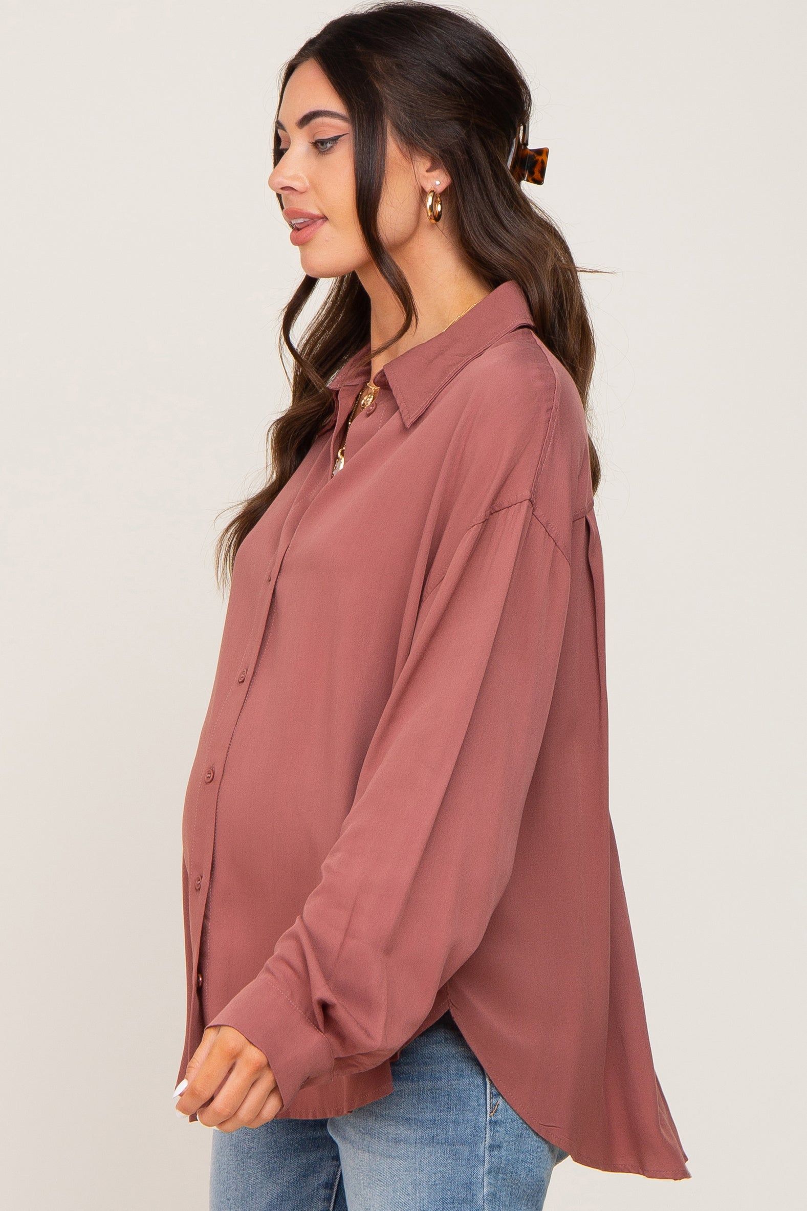 Mauve Oversized Button Down Maternity Blouse sold by Pinkblush product image thumbnail 2