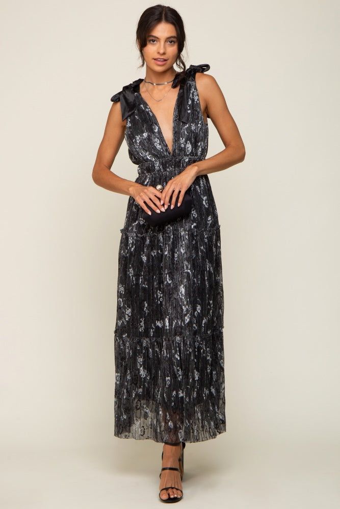 Black Floral Shimmer Deep V Shoulder Tie Midi Dress sold by Pinkblush product image thumbnail 3