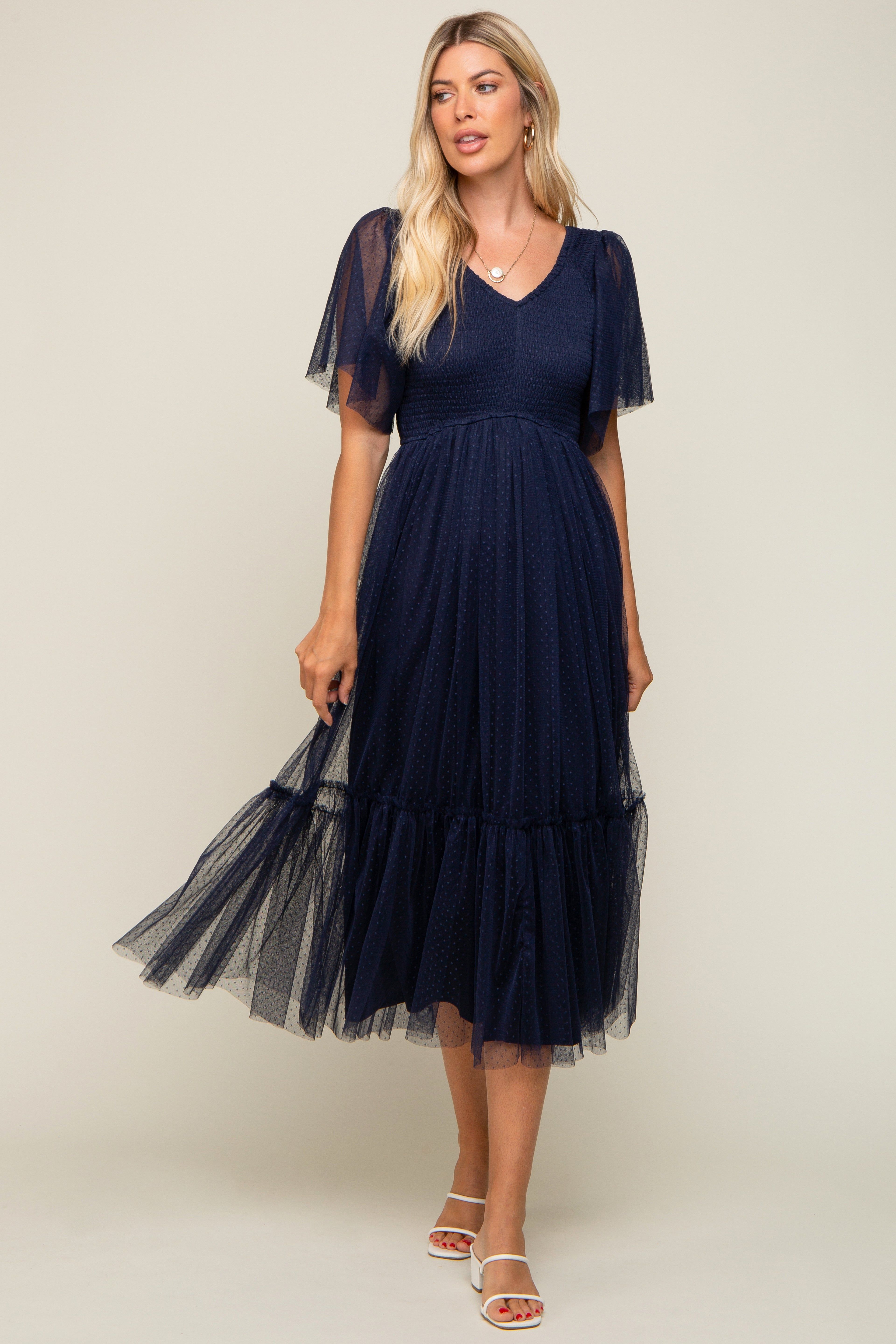 Navy Blue Dotted Tulle Smocked Midi Dress sold by Pinkblush product image thumbnail 4