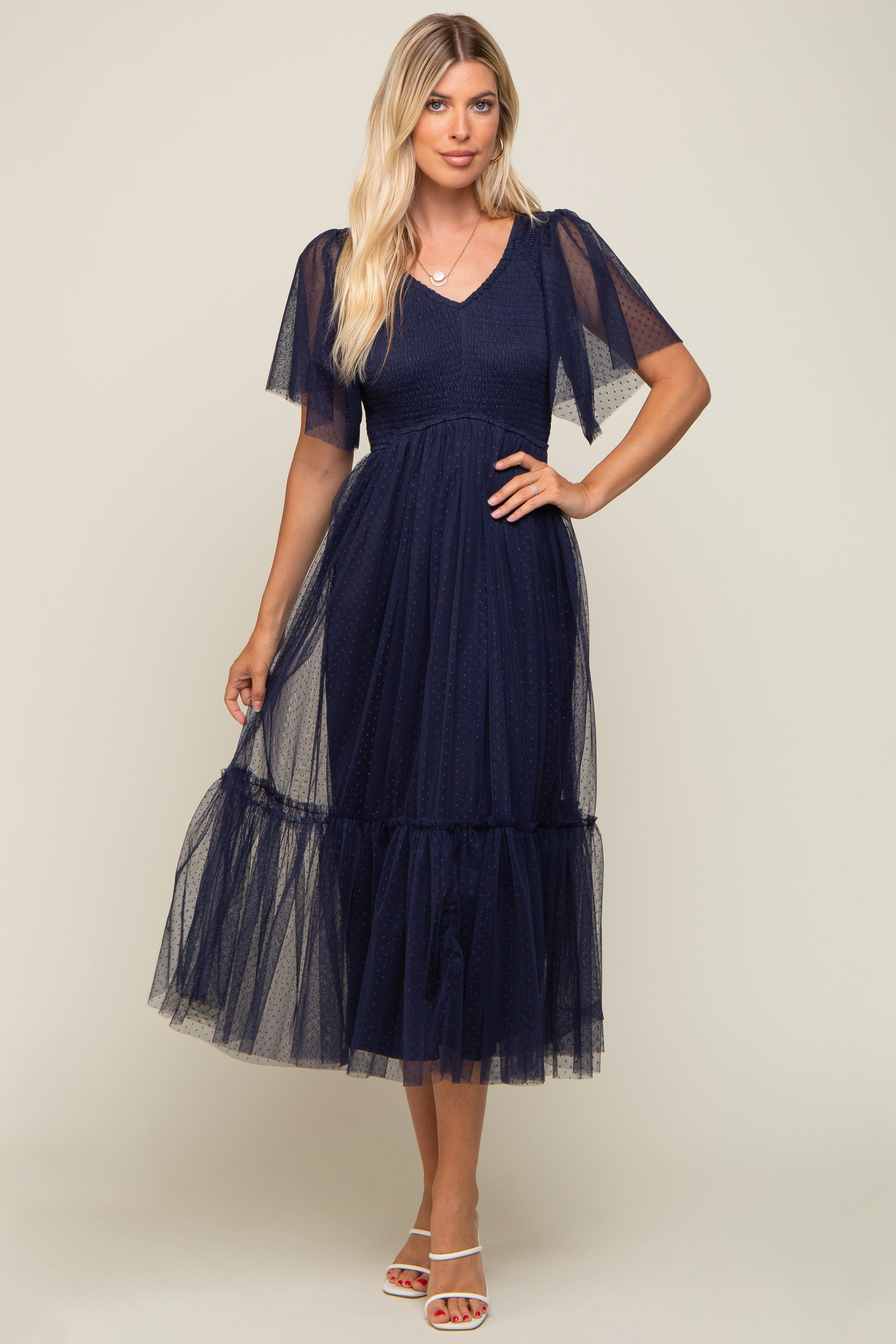 Navy Blue Dotted Tulle Smocked Midi Dress sold by Pinkblush