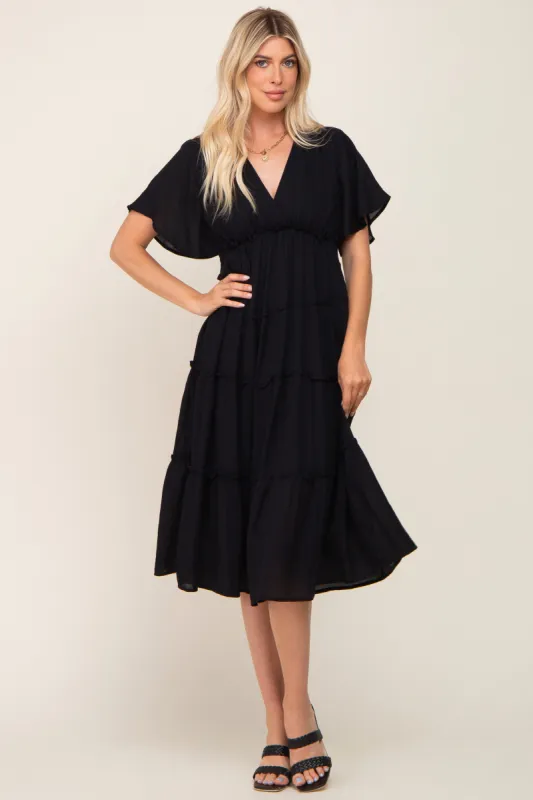 Black Ruffle Tiered V-Neck Midi Dress sold by Pinkblush