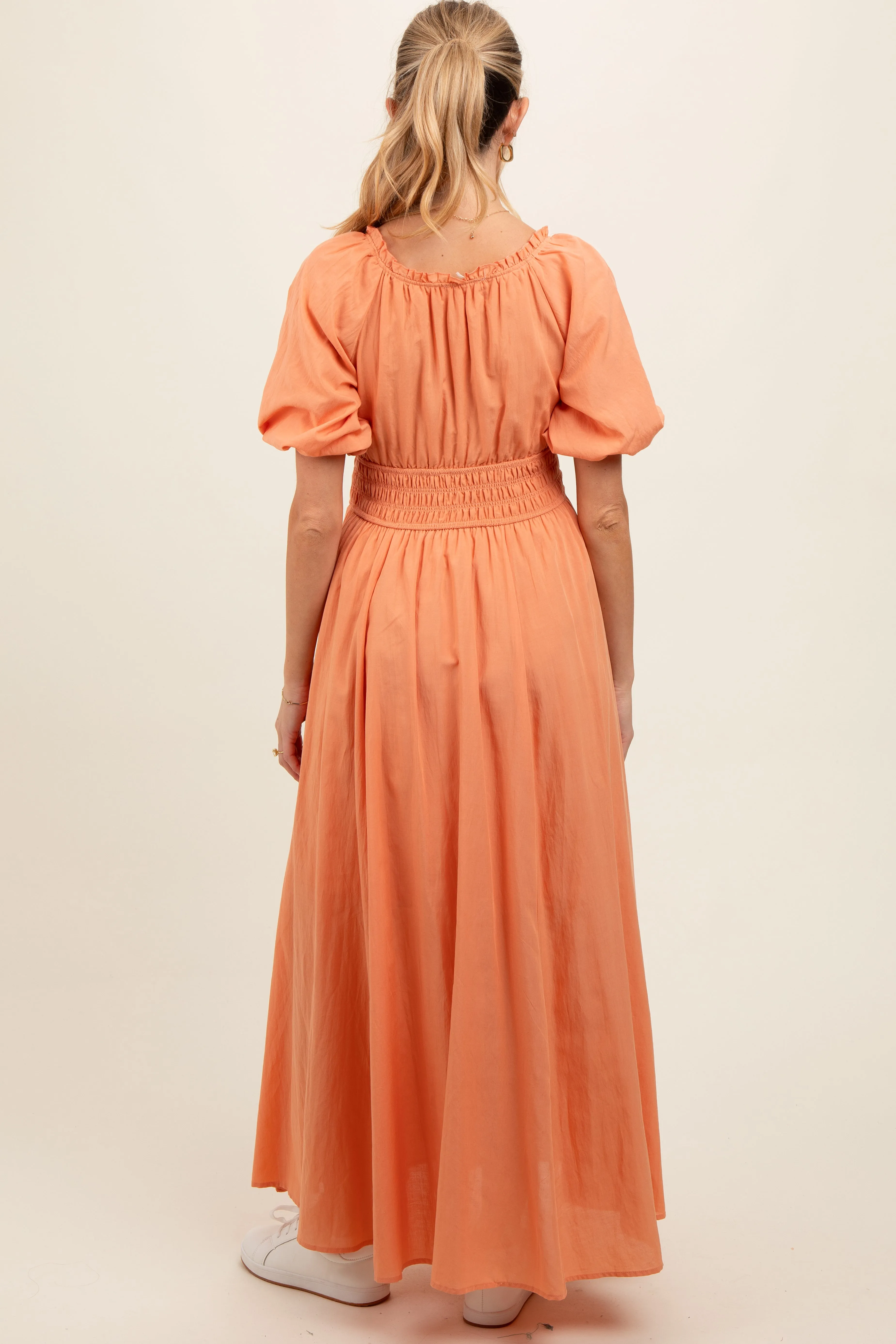 Peach Smocked Puff Sleeve Maternity Maxi Dress sold by Pinkblush product image thumbnail 4
