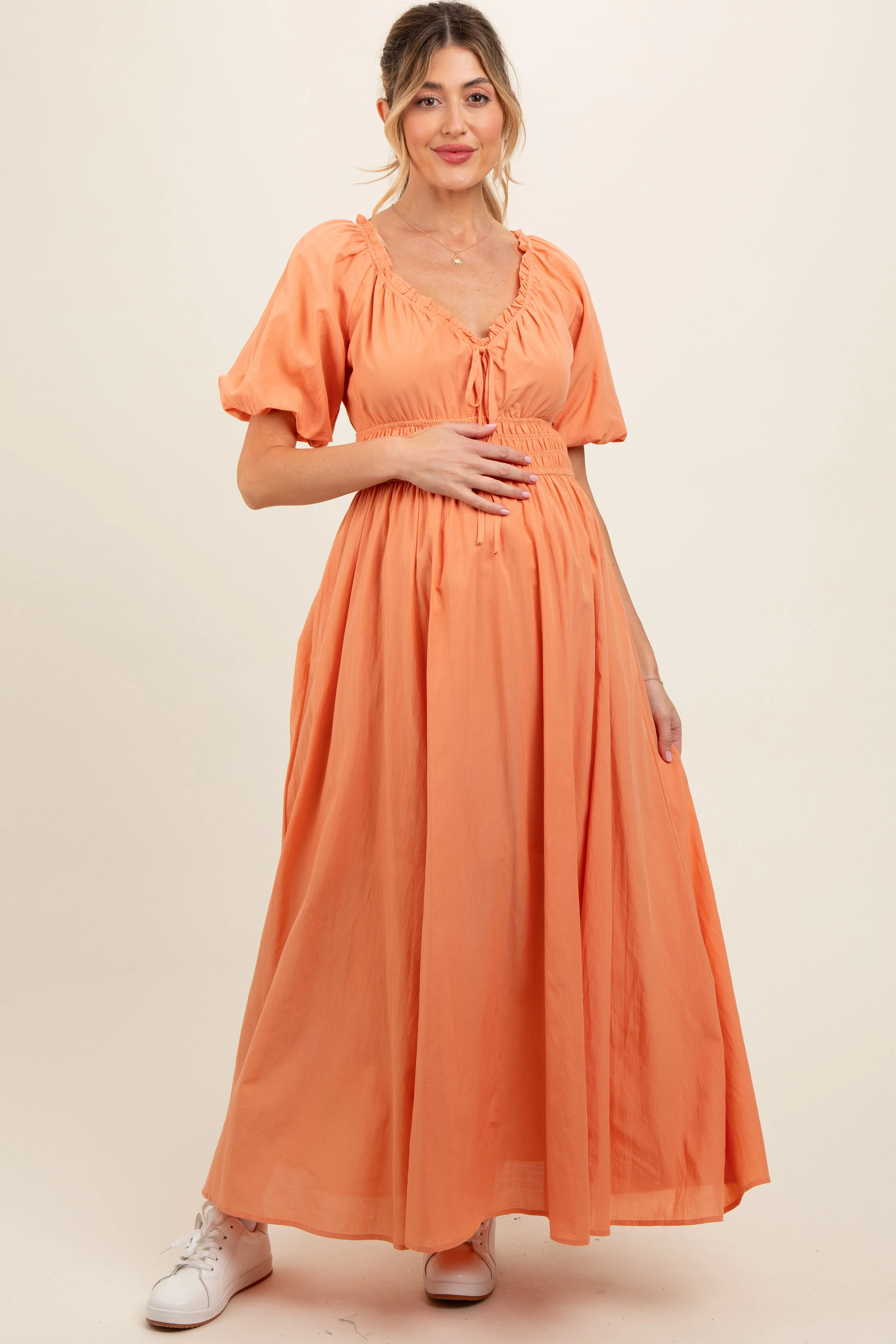 Peach Smocked Puff Sleeve Maternity Maxi Dress sold by Pinkblush