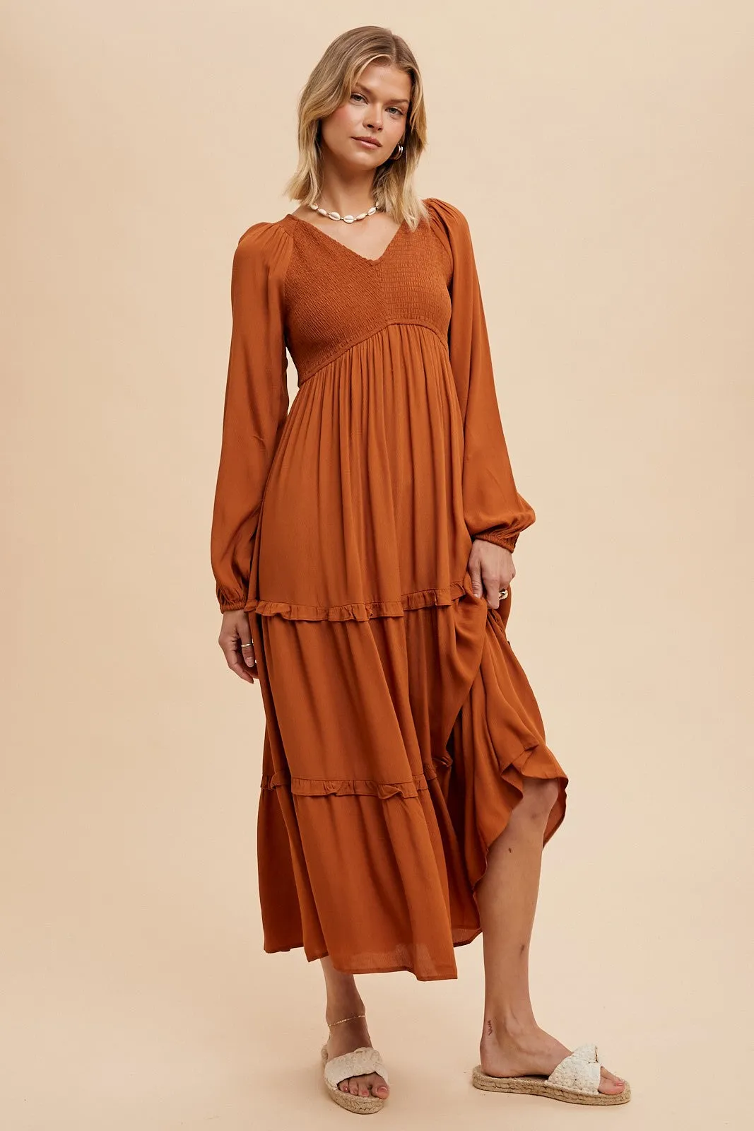 Camel Smocked Tiered Midi Dress sold by Pinkblush product image thumbnail 2