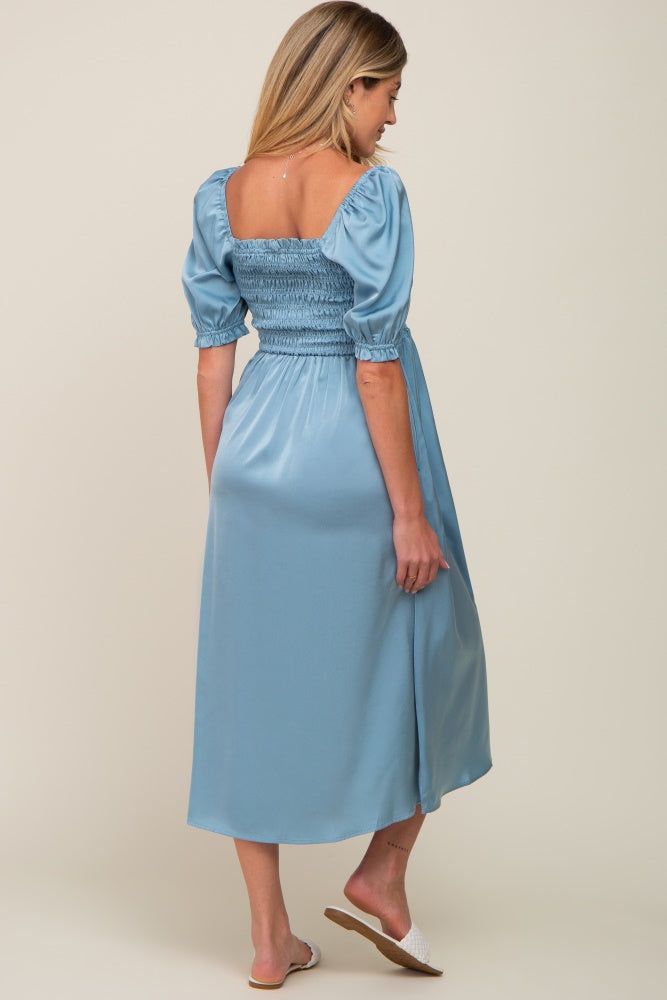 Blue Satin Puff Sleeve Maternity Midi Dress sold by Pinkblush product image thumbnail 3