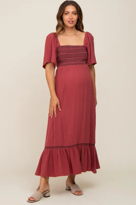 Burgundy Embroidered Smocked Square Neck Open Back Maternity Midi Dress sold by Pinkblush