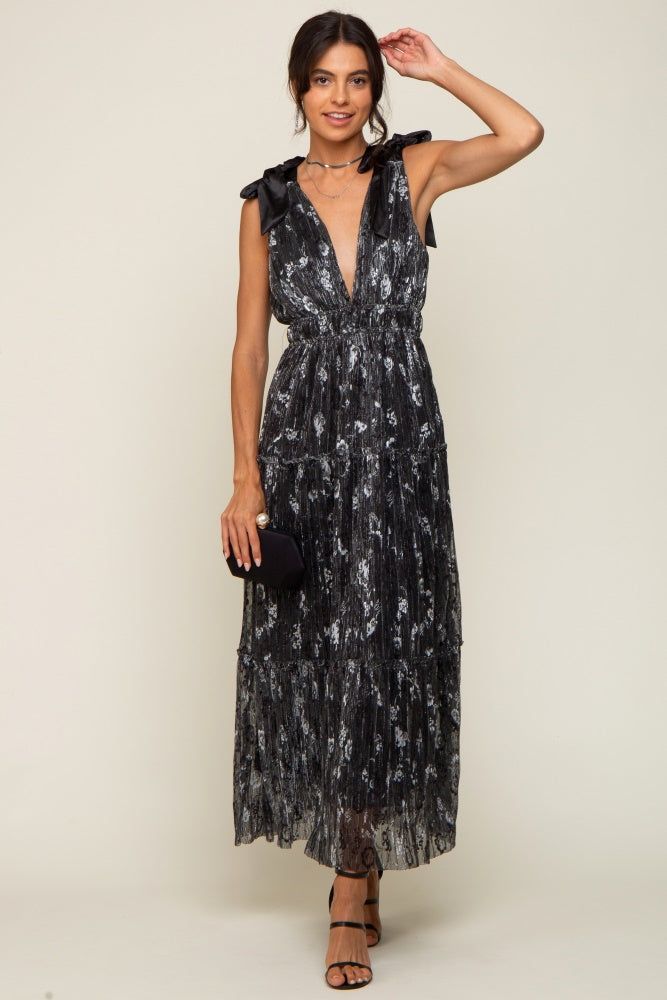 Black Floral Shimmer Deep V Shoulder Tie Midi Dress sold by Pinkblush product image thumbnail 4