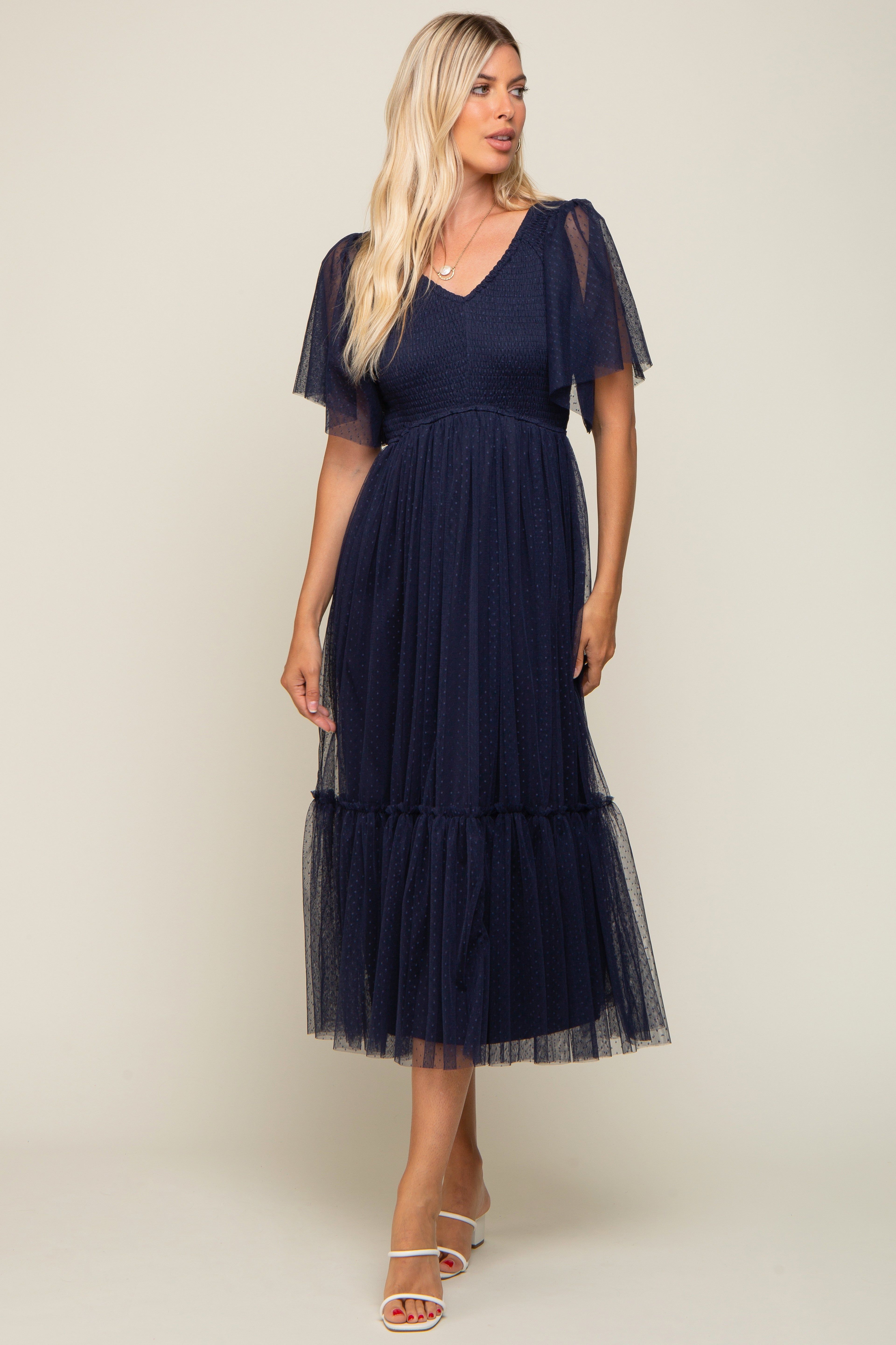 Navy Blue Dotted Tulle Smocked Midi Dress sold by Pinkblush product image thumbnail 5