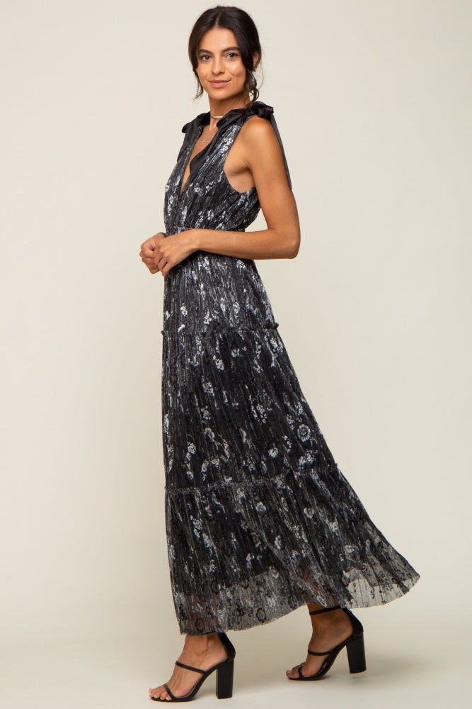 Black Floral Shimmer Deep V Shoulder Tie Midi Dress sold by Pinkblush