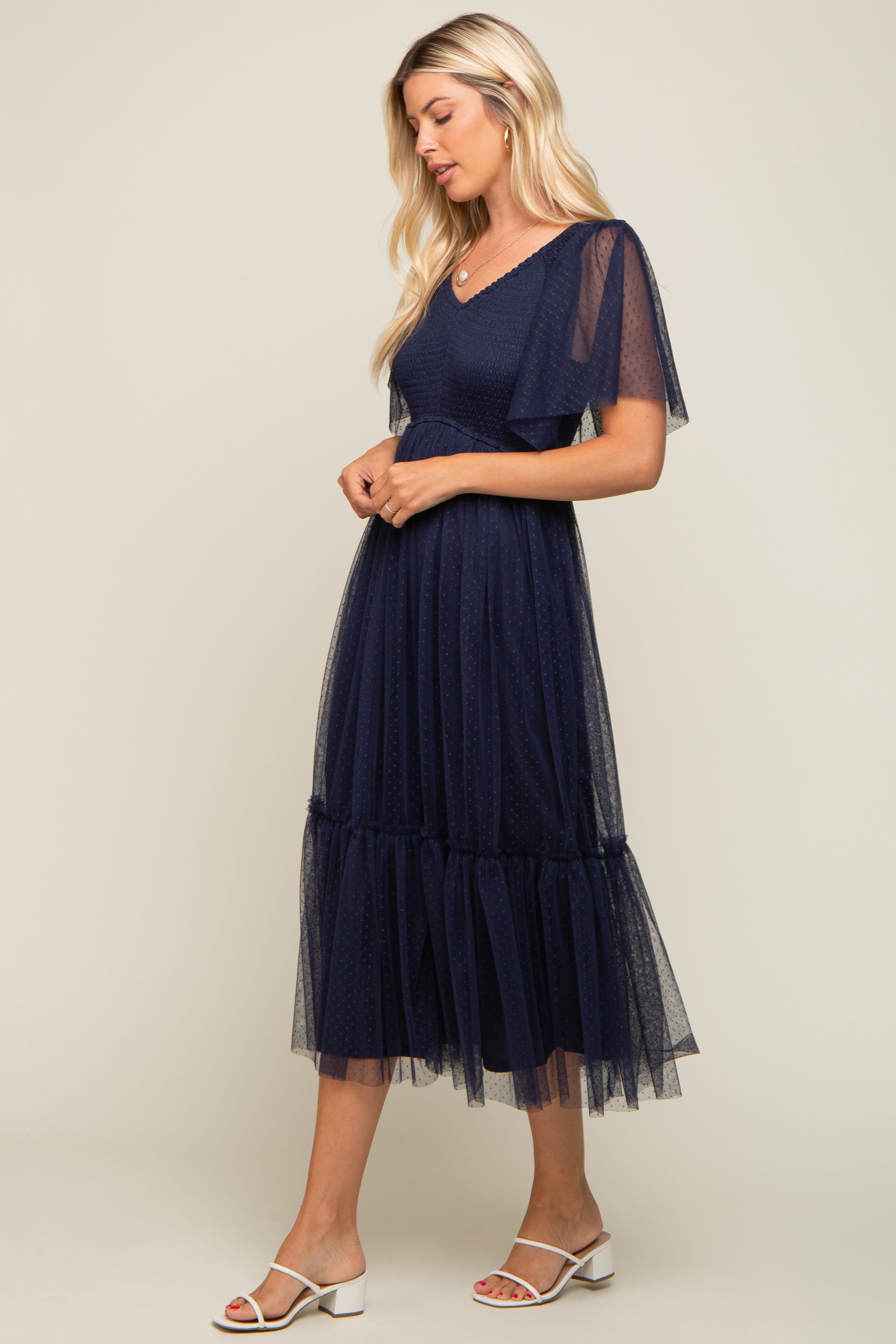 Navy Blue Dotted Tulle Smocked Midi Dress sold by Pinkblush product image thumbnail 2