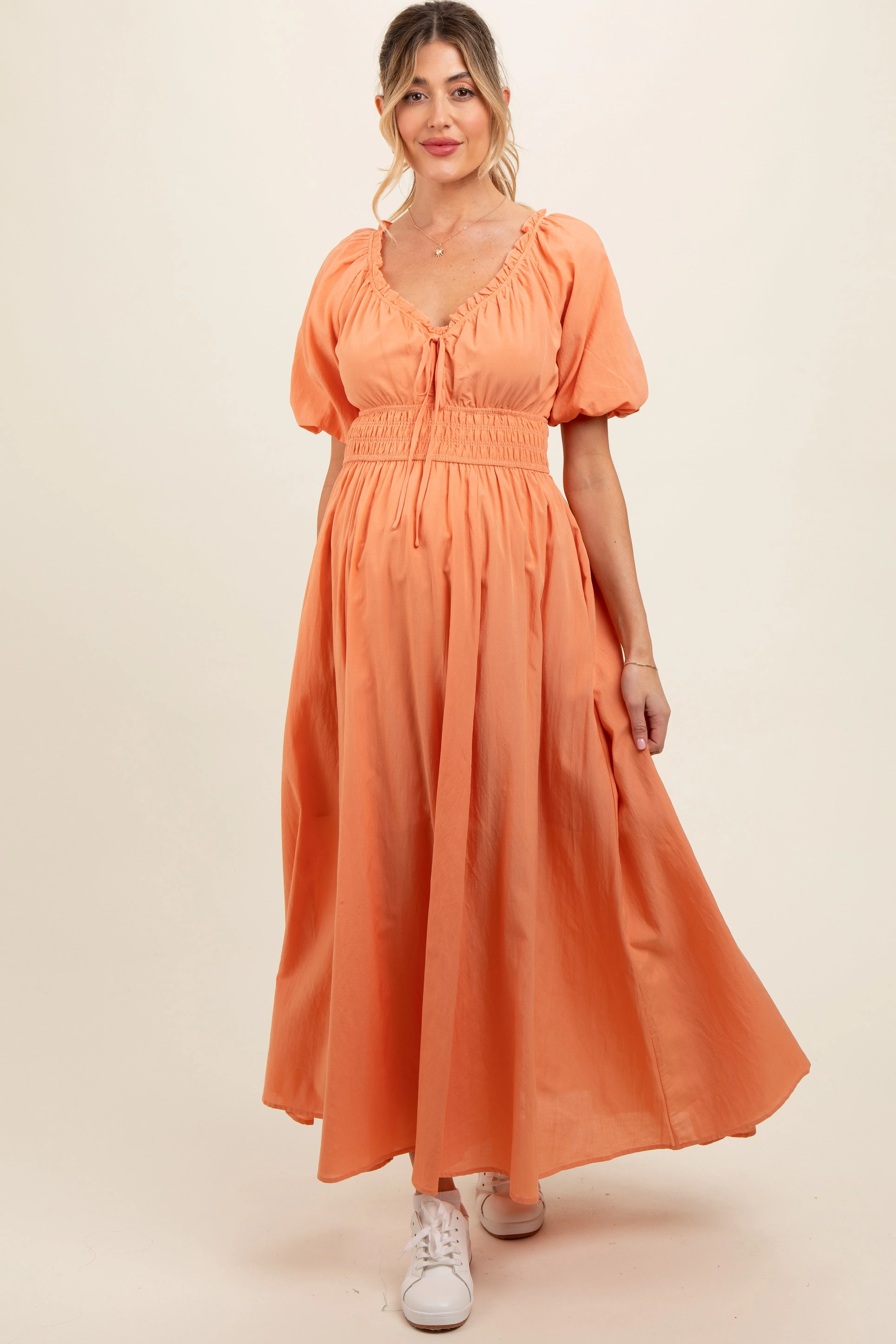 Peach Smocked Puff Sleeve Maternity Maxi Dress sold by Pinkblush product image thumbnail 2