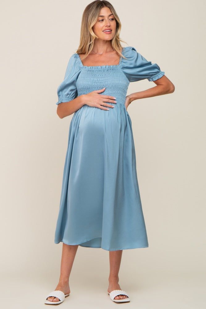 Blue Satin Puff Sleeve Maternity Midi Dress sold by Pinkblush product image thumbnail 4
