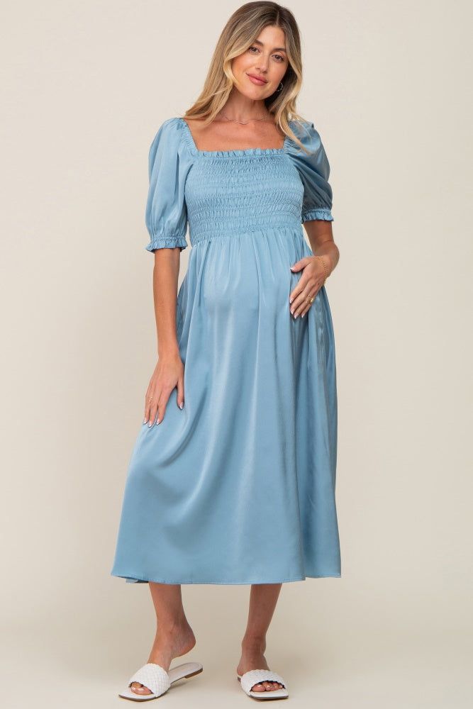 Blue Satin Puff Sleeve Maternity Midi Dress sold by Pinkblush