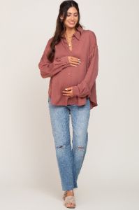 Mauve Oversized Button Down Maternity Blouse sold by Pinkblush