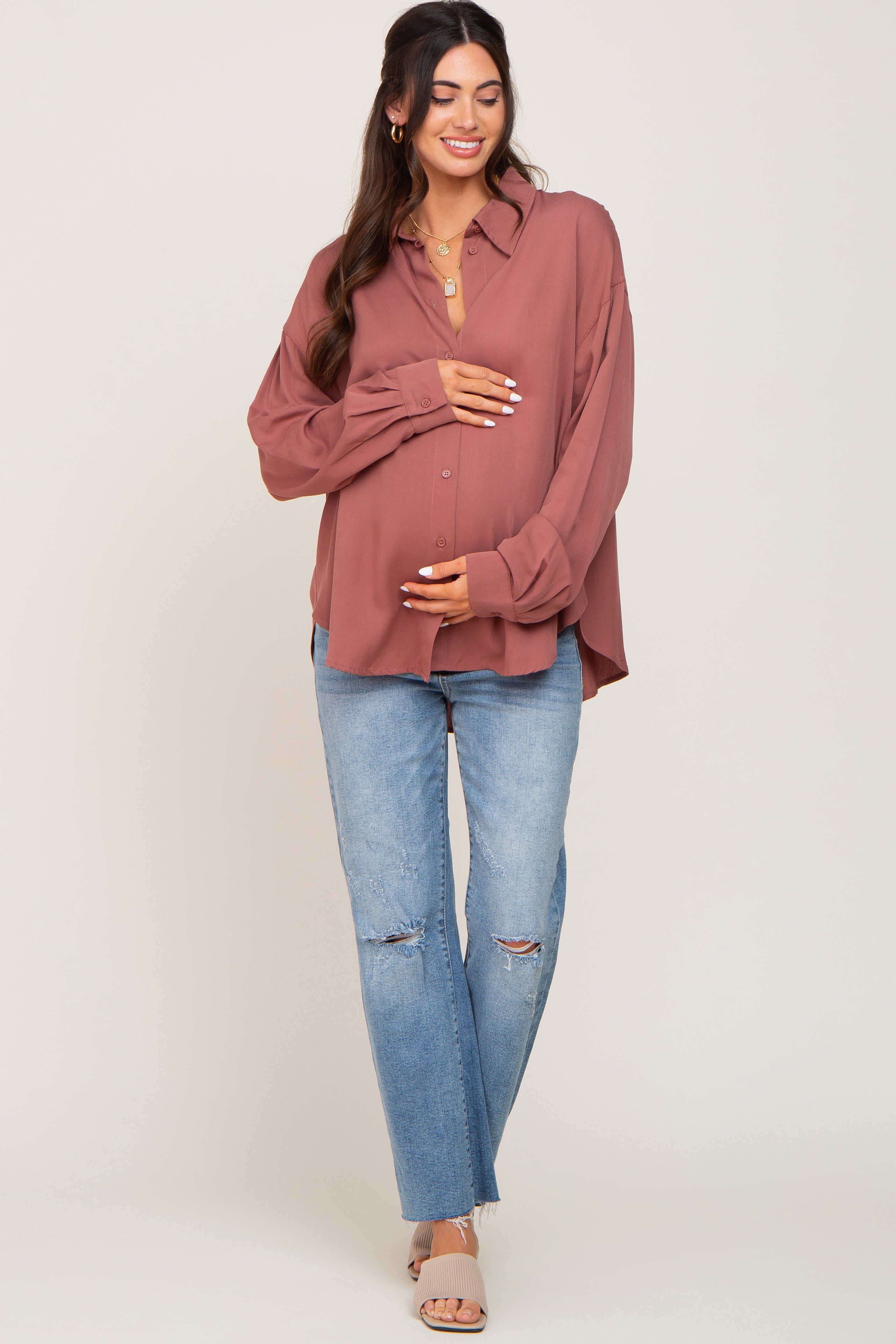 Mauve Oversized Button Down Maternity Blouse sold by Pinkblush product image thumbnail 4