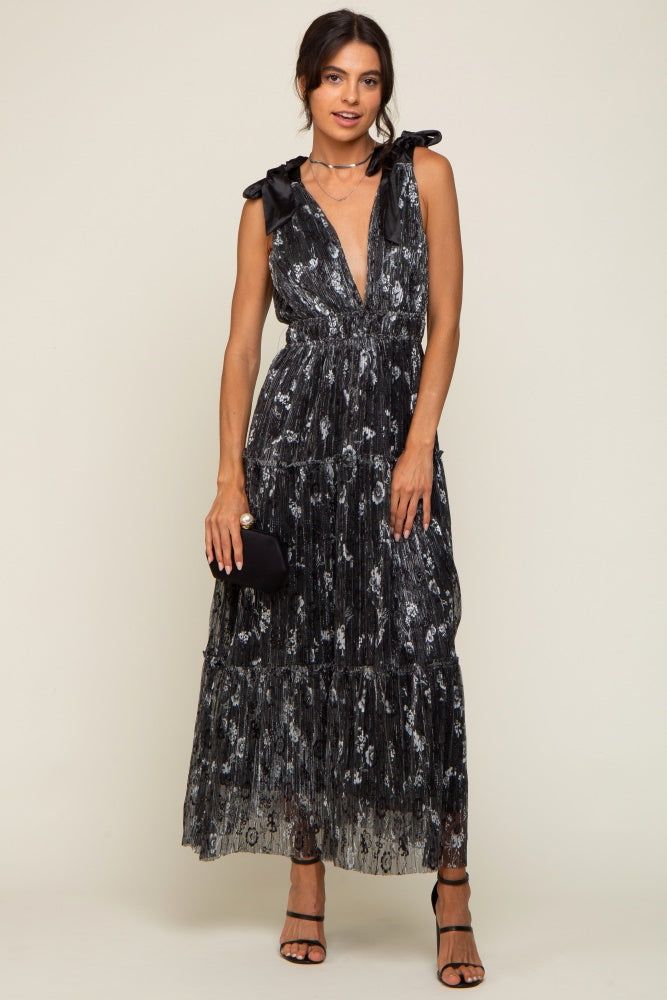 Black Floral Shimmer Deep V Shoulder Tie Midi Dress sold by Pinkblush product image thumbnail 5