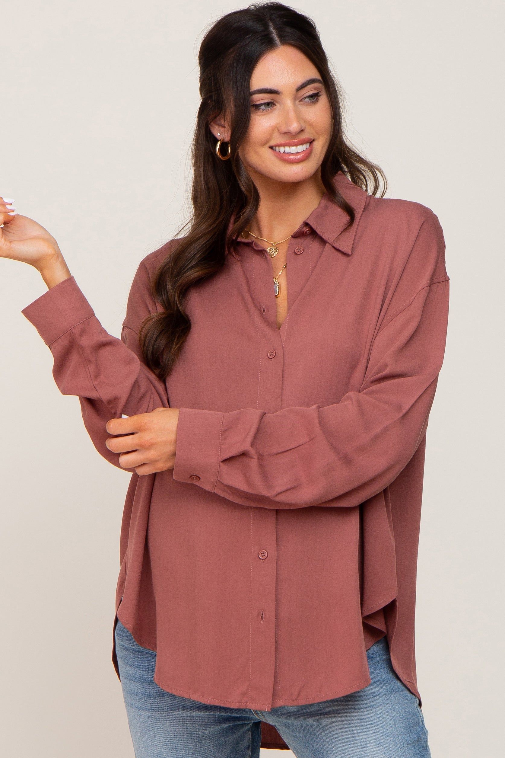 Mauve Oversized Button Down Maternity Blouse sold by Pinkblush