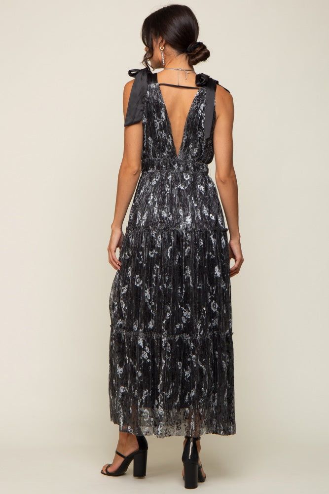 Black Floral Shimmer Deep V Shoulder Tie Midi Dress sold by Pinkblush product image thumbnail 2