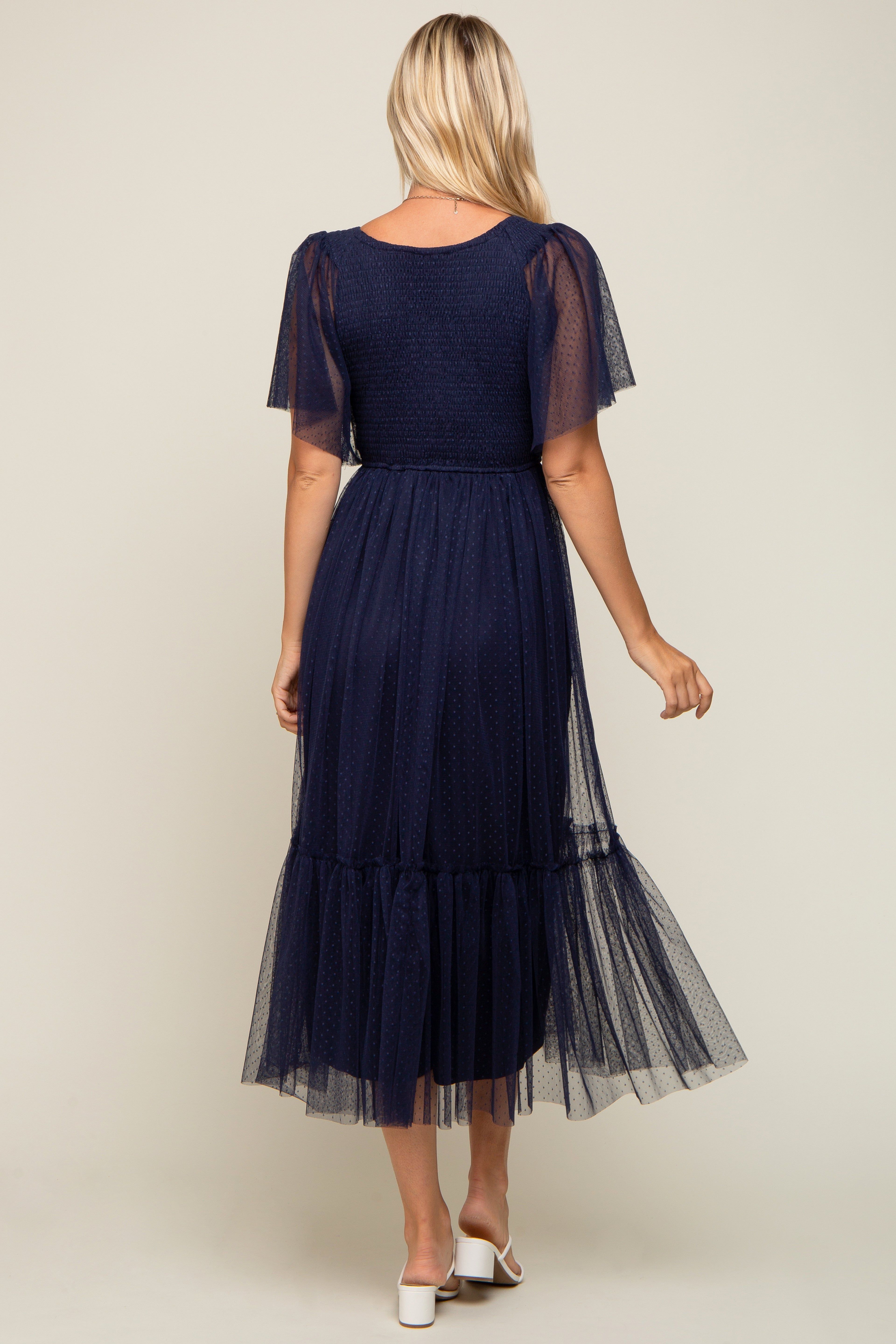 Navy Blue Dotted Tulle Smocked Midi Dress sold by Pinkblush product image thumbnail 3