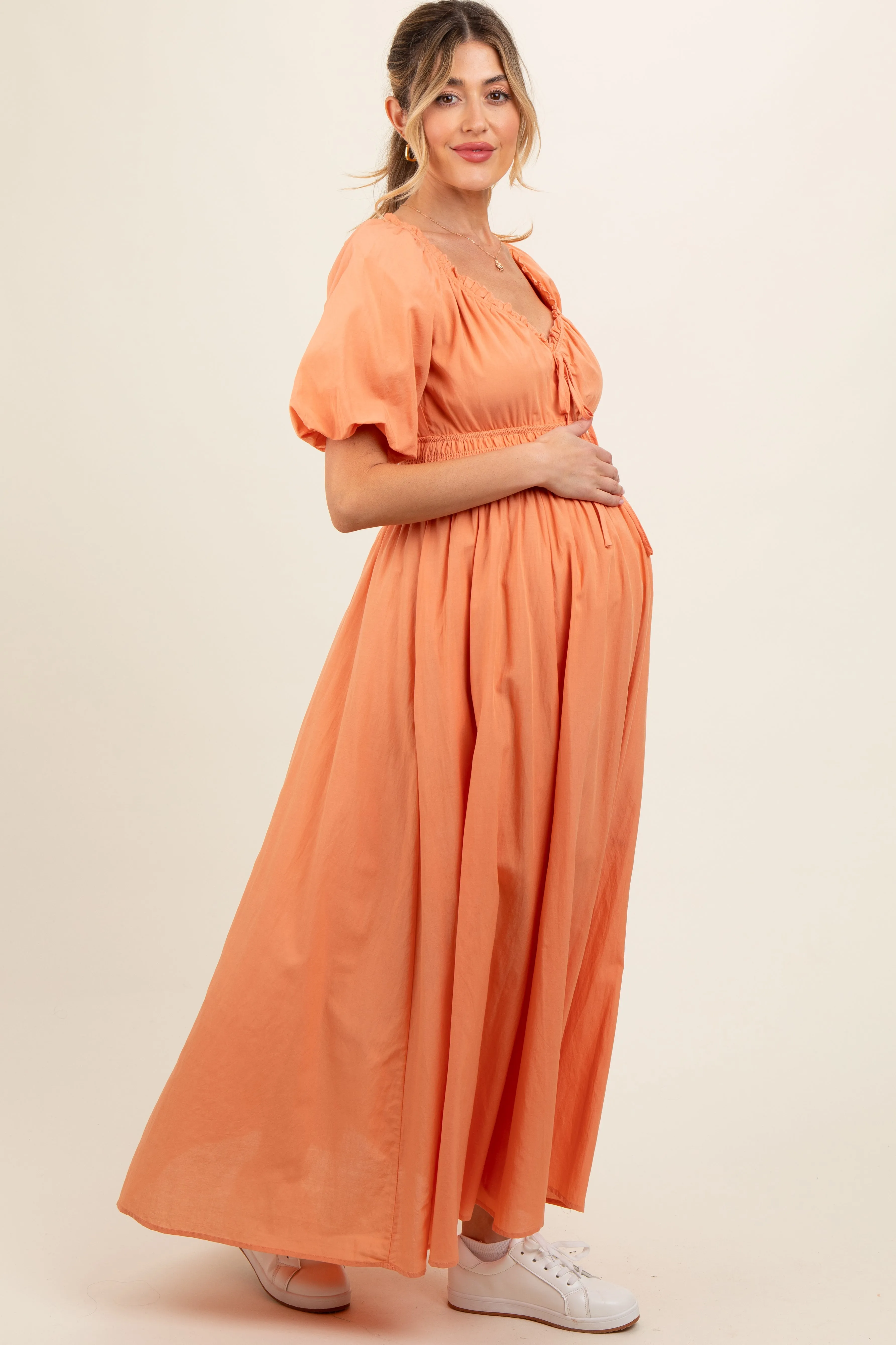 Peach Smocked Puff Sleeve Maternity Maxi Dress sold by Pinkblush product image thumbnail 3