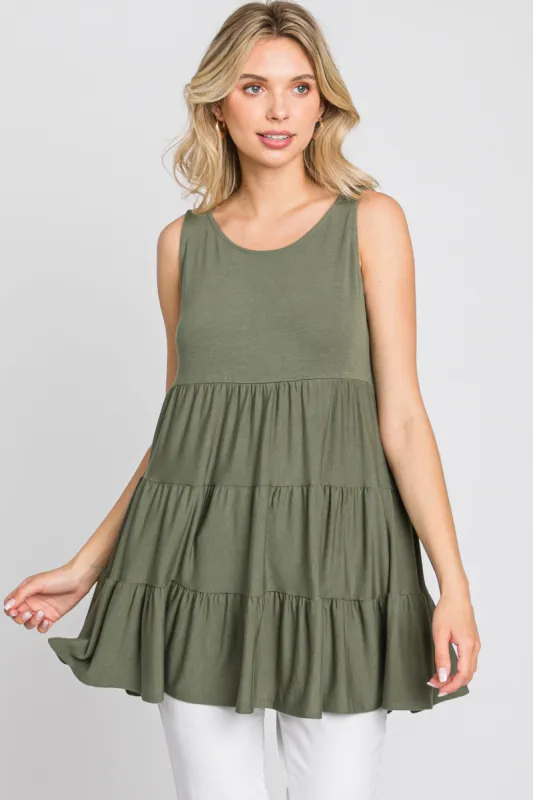 Olive Tiered Sleeveless Top sold by Pinkblush