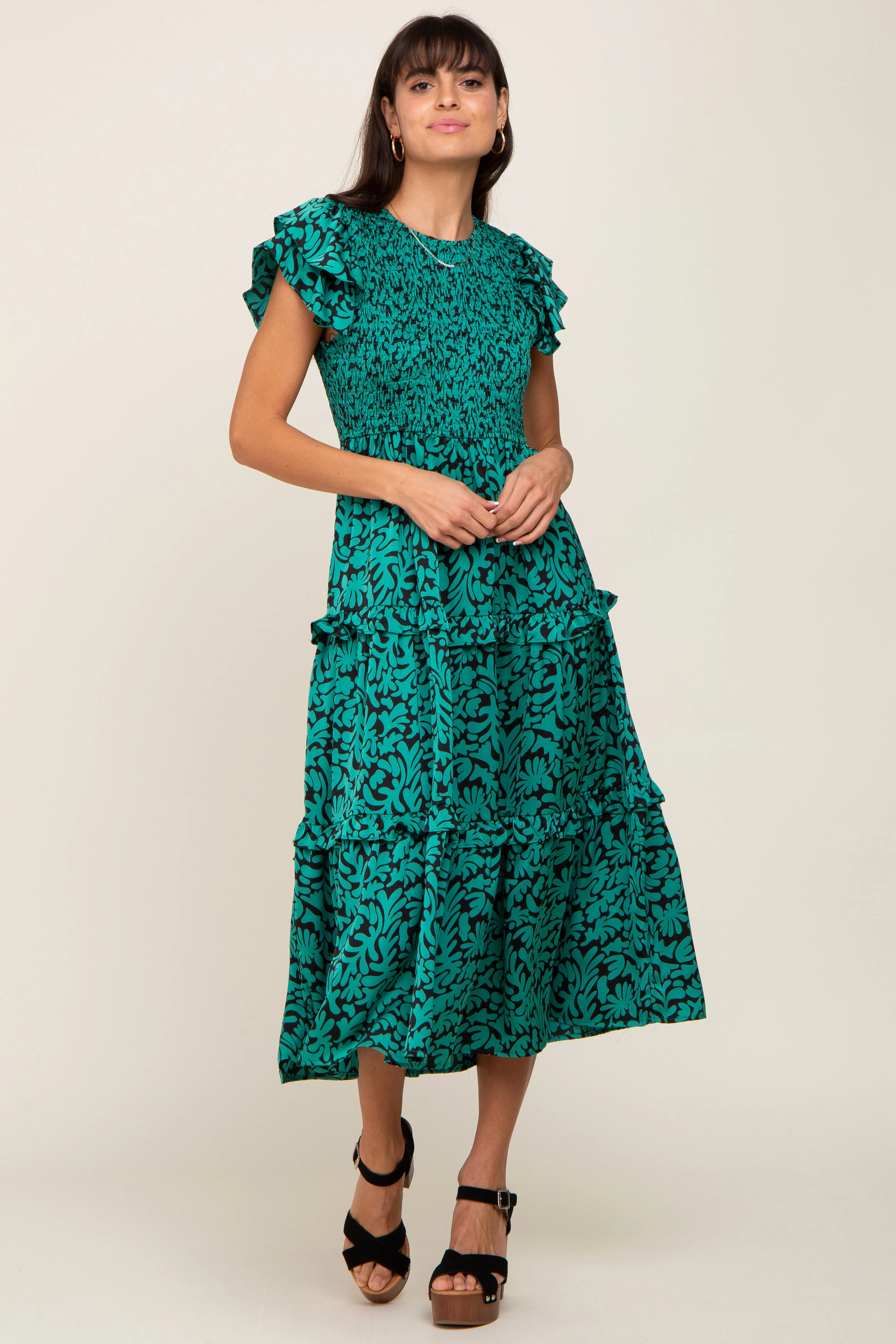 Green Print Smocked Ruffle Tiered Midi Dress sold by Pinkblush product image thumbnail 5