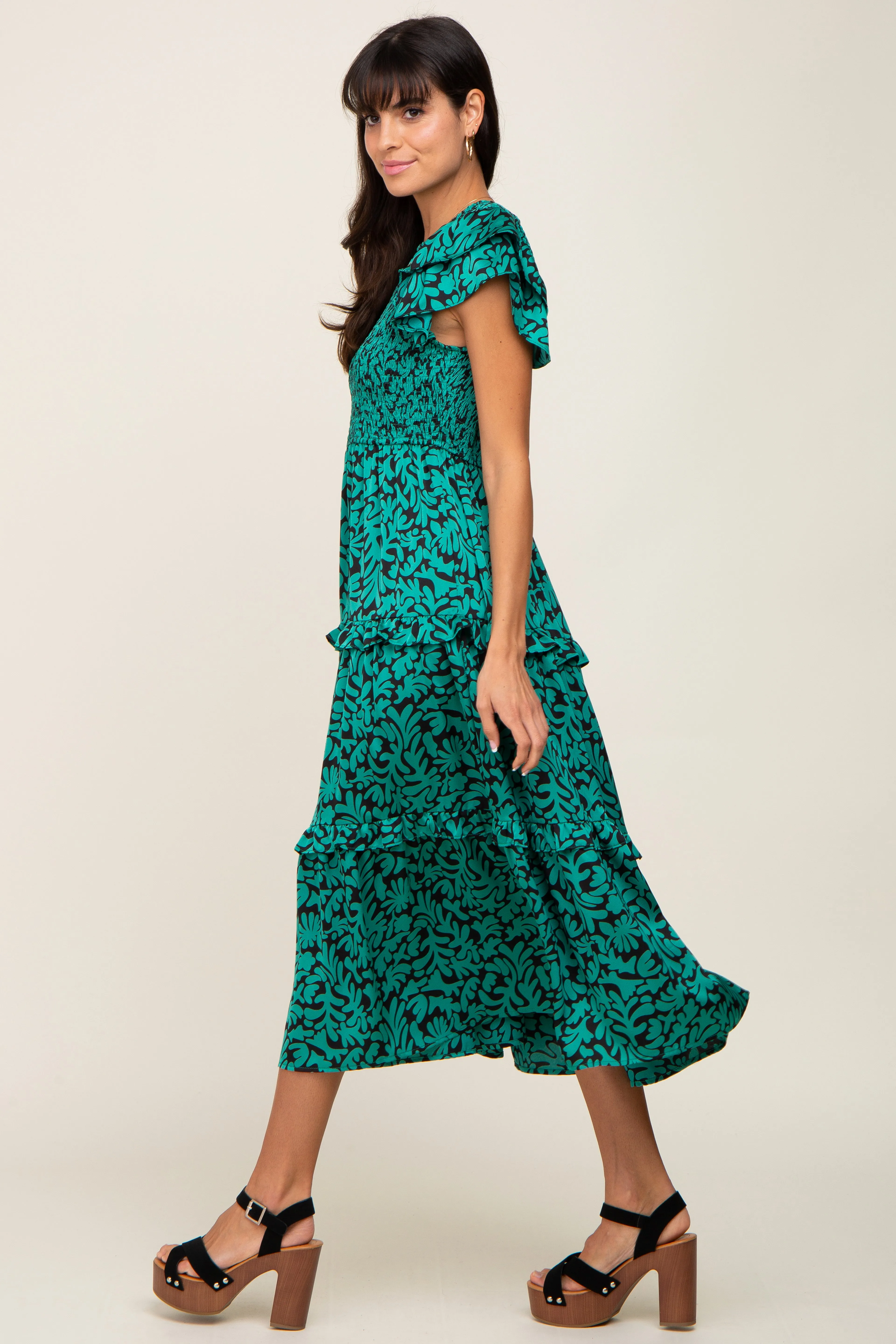 Green Print Smocked Ruffle Tiered Midi Dress sold by Pinkblush product image thumbnail 2