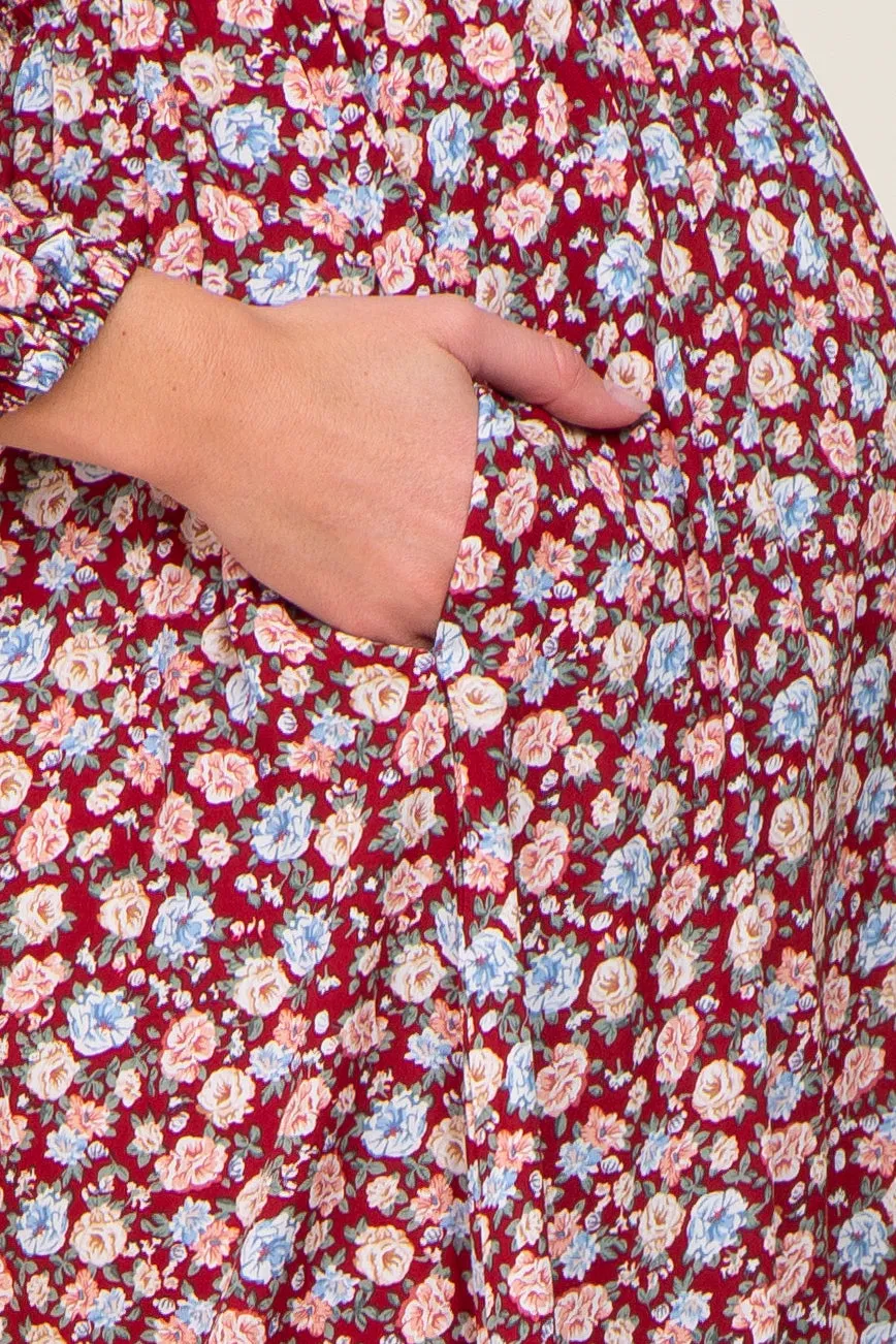 Burgundy Floral Smocked Long Sleeve Maternity Midi Dress sold by Pinkblush product image thumbnail 5